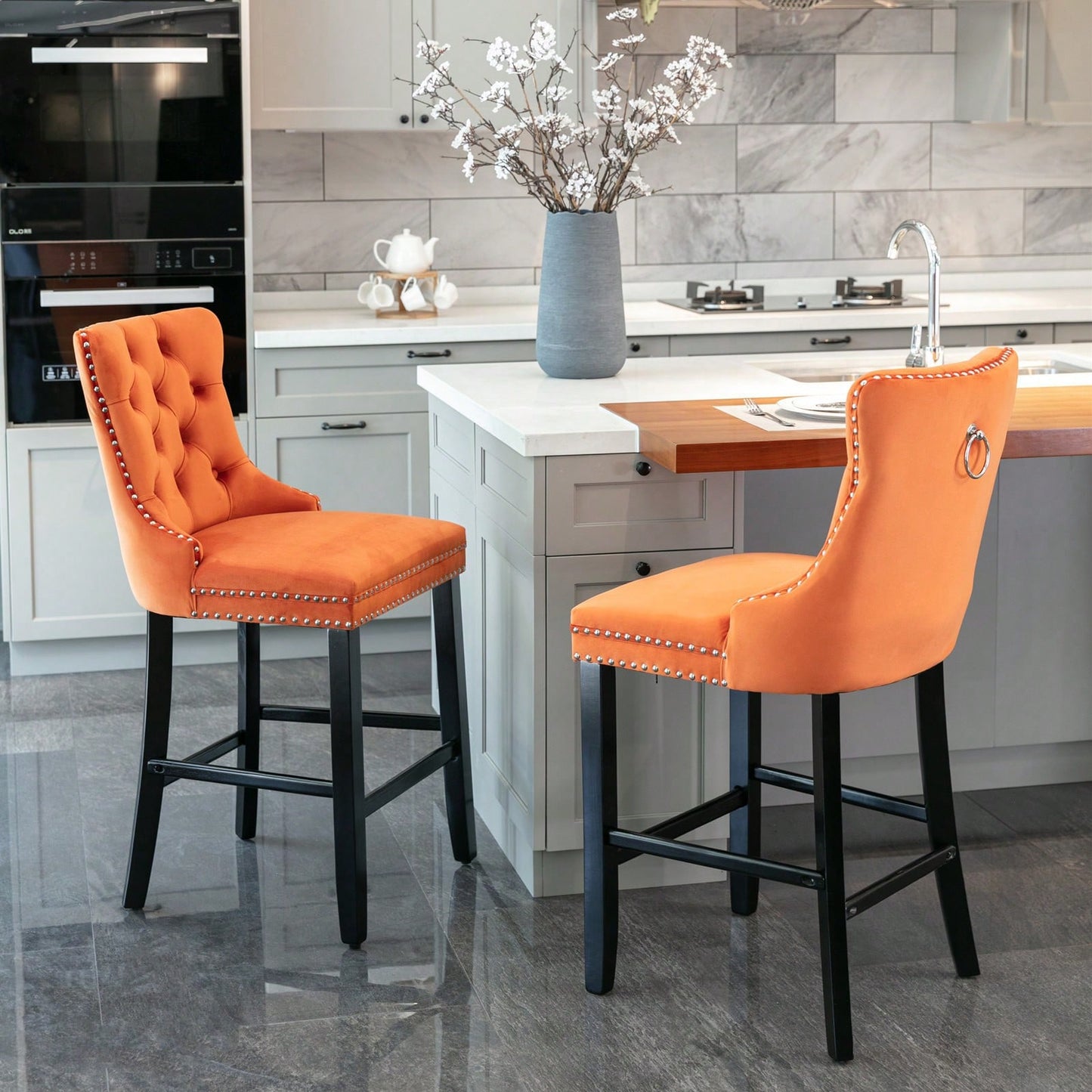 Contemporary Velvet Barstools Set of 2 High Back Button-Tufted Upholstery Wooden Legs Chrome Nailhead Trim Orange