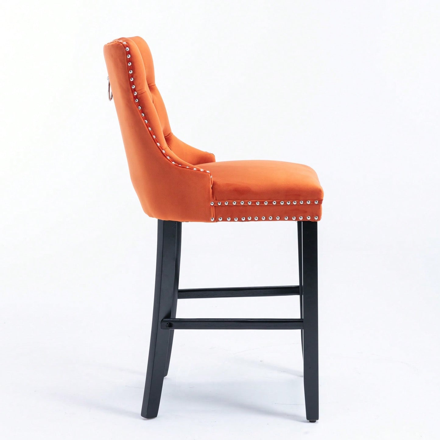 Contemporary Velvet Barstools Set of 2 High Back Button-Tufted Upholstery Wooden Legs Chrome Nailhead Trim Orange