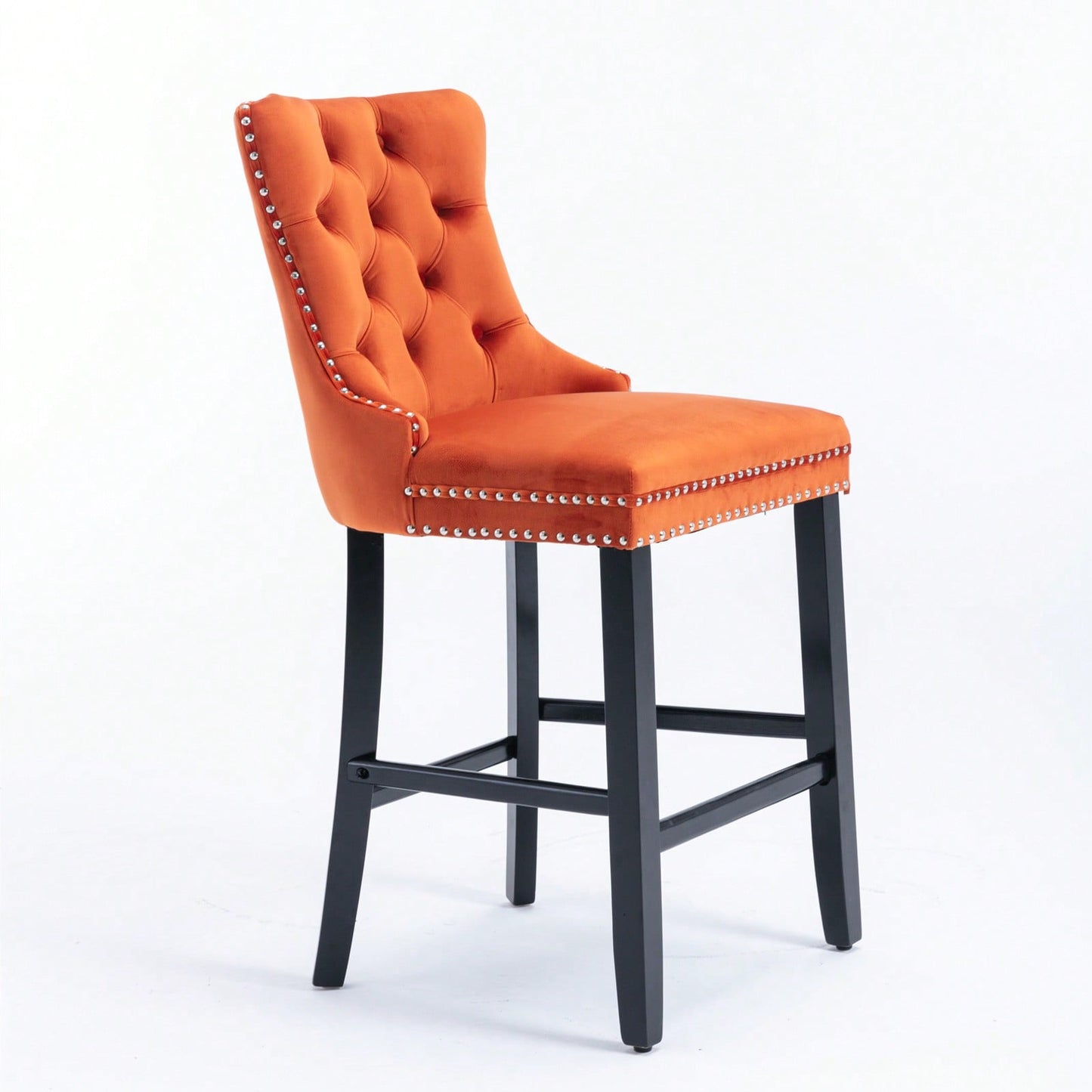 Contemporary Velvet Barstools Set of 2 High Back Button-Tufted Upholstery Wooden Legs Chrome Nailhead Trim Orange