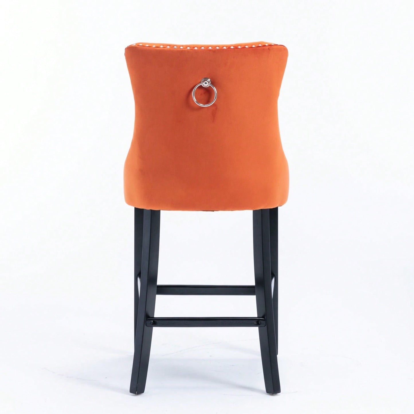 Contemporary Velvet Barstools Set of 2 High Back Button-Tufted Upholstery Wooden Legs Chrome Nailhead Trim Orange