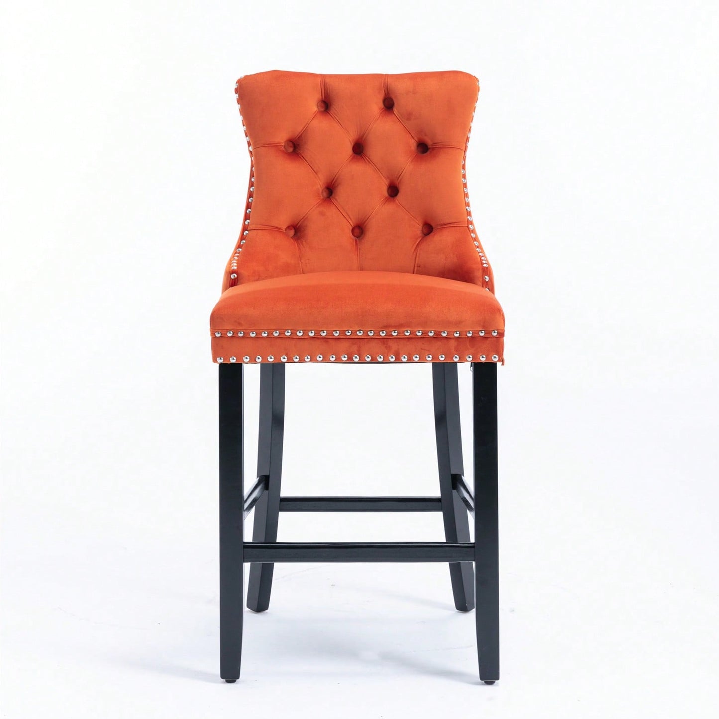 Contemporary Velvet Barstools Set of 2 High Back Button-Tufted Upholstery Wooden Legs Chrome Nailhead Trim Orange
