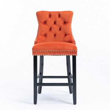 Contemporary Velvet Barstools Set of 2 High Back Button-Tufted Upholstery Wooden Legs Chrome Nailhead Trim Orange