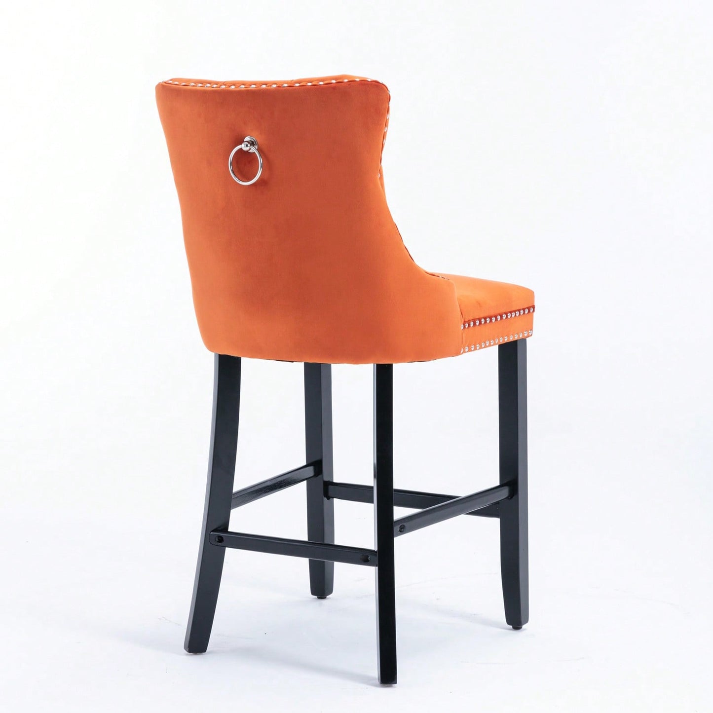 Contemporary Velvet Barstools Set of 2 High Back Button-Tufted Upholstery Wooden Legs Chrome Nailhead Trim Orange