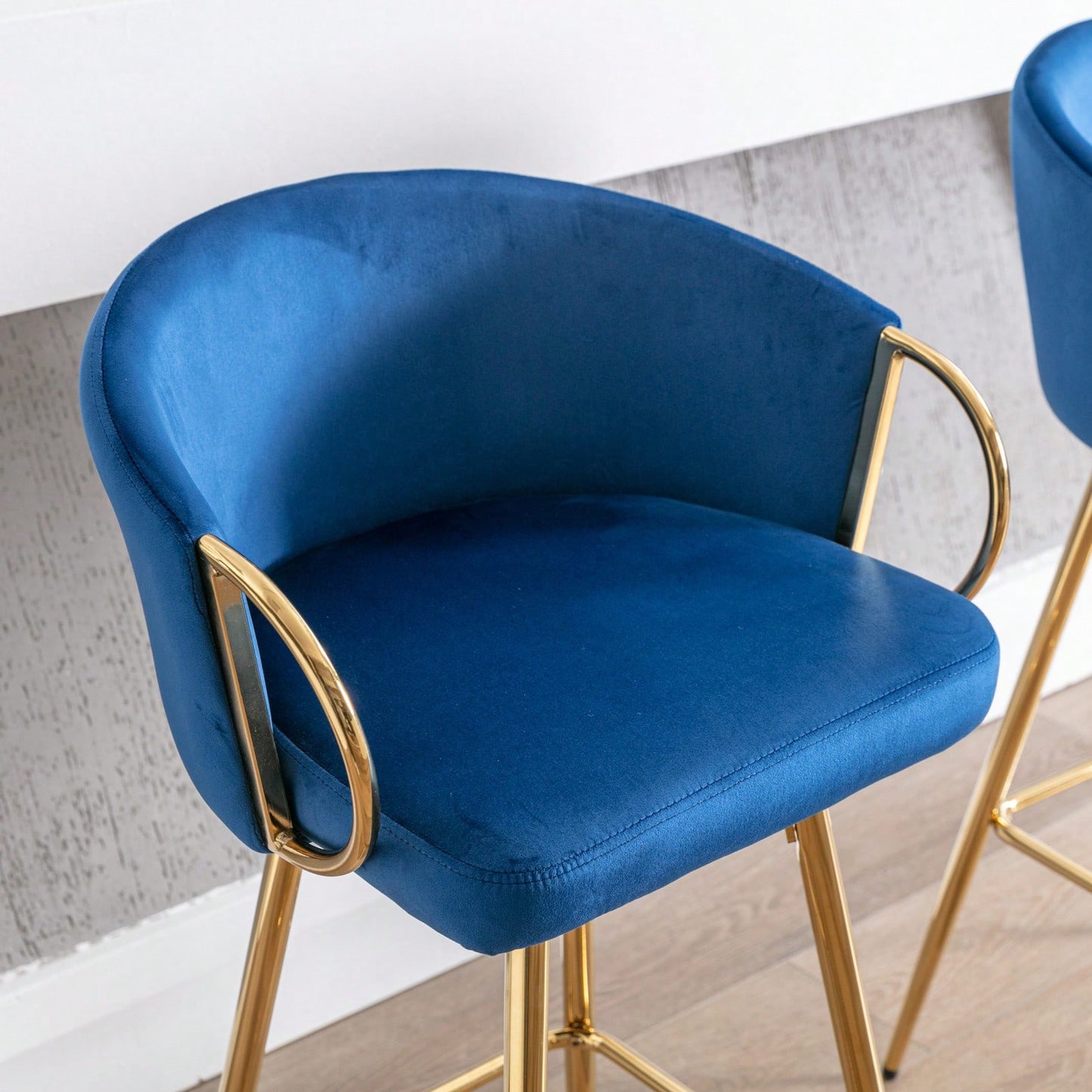 Modern Velvet Bar Stools Set Of 2 - 30 Inch Counter Height Bar Chairs With Backrest And Footrest, Gold Legs And Base, Blue Velvet Upholstery