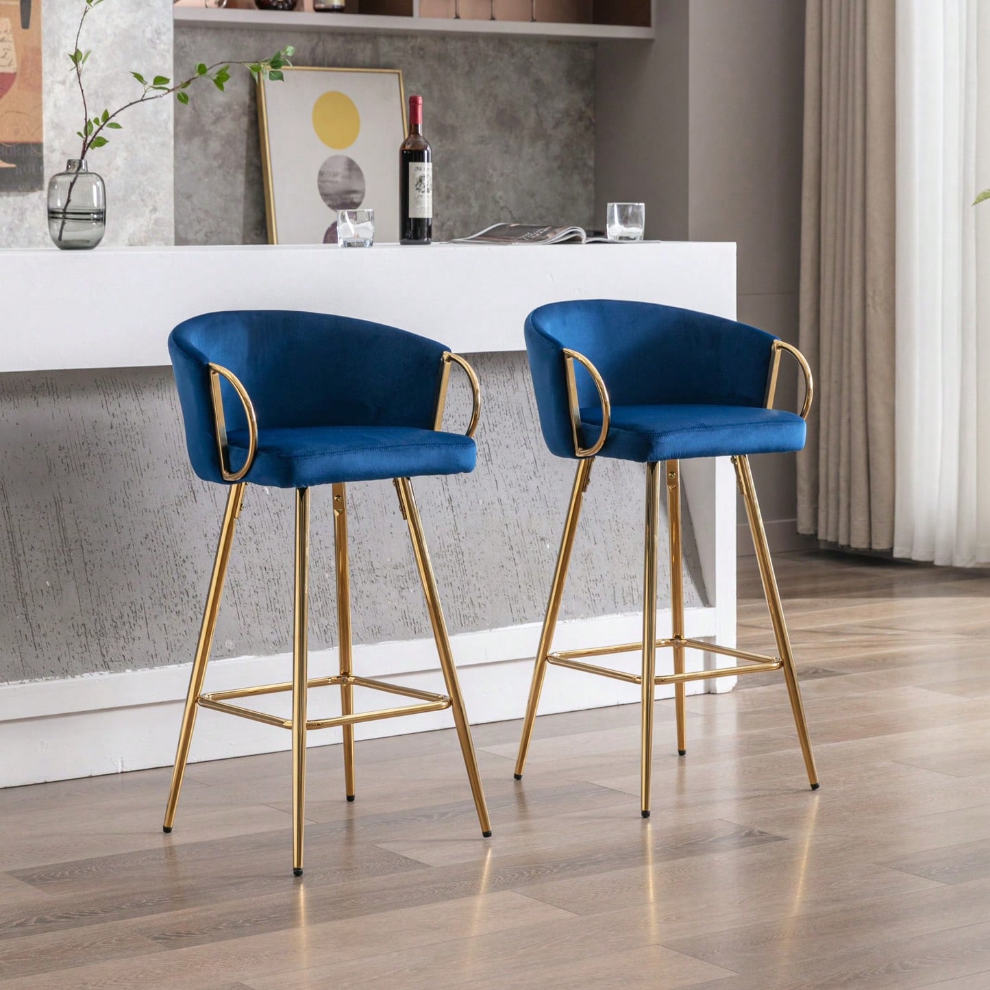 Modern Velvet Bar Stools Set Of 2 - 30 Inch Counter Height Bar Chairs With Backrest And Footrest, Gold Legs And Base, Blue Velvet Upholstery