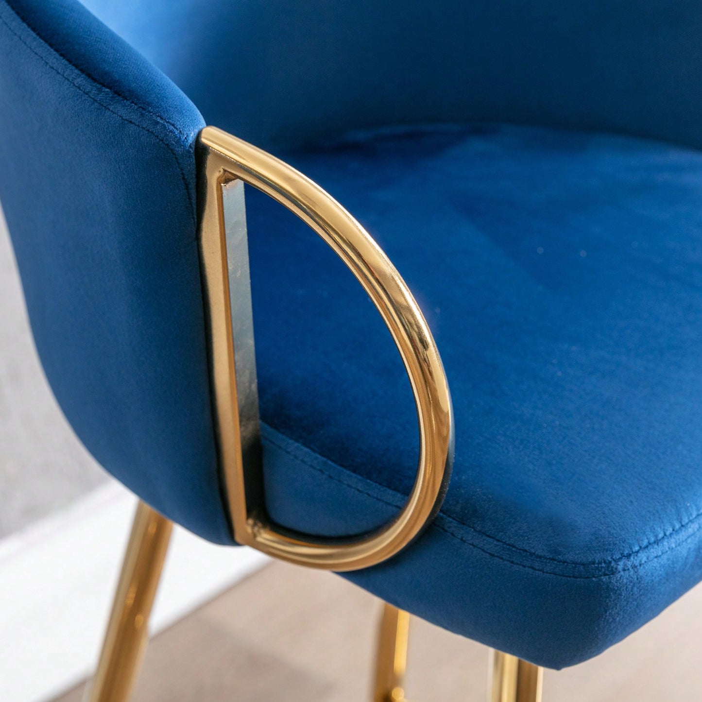 Modern Velvet Bar Stools Set Of 2 - 30 Inch Counter Height Bar Chairs With Backrest And Footrest, Gold Legs And Base, Blue Velvet Upholstery