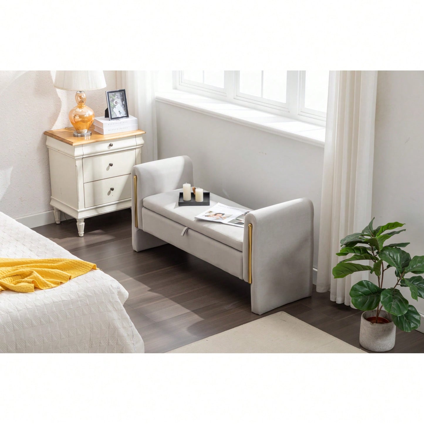 Velvet Upholstered Storage Bench with Gold Trim 53 Inch Wide Stylish Shoe Storage for Bedroom Living Room Entryway