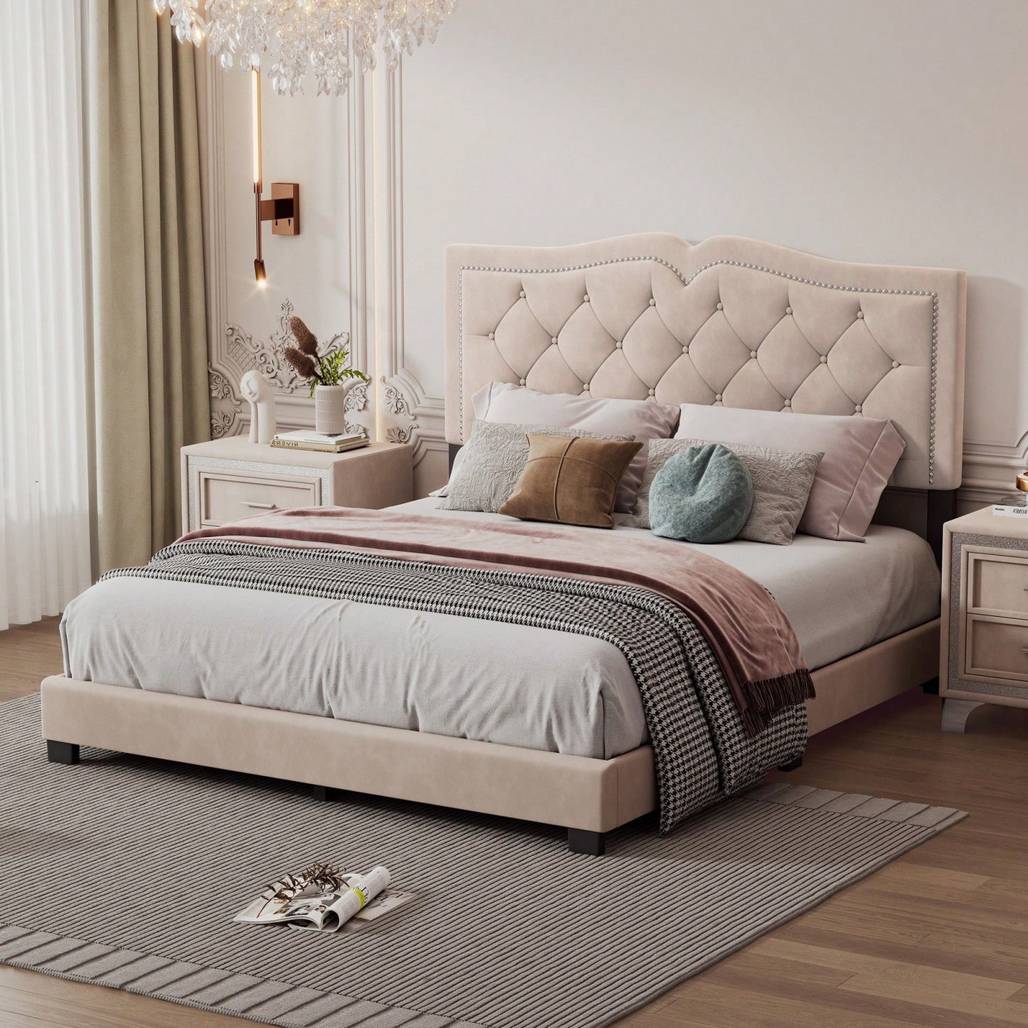 Beige Velvet Tufted Queen Platform Bed Frame with Rivet Accents and Wood Slat Support Easy Assembly No Box Spring Required