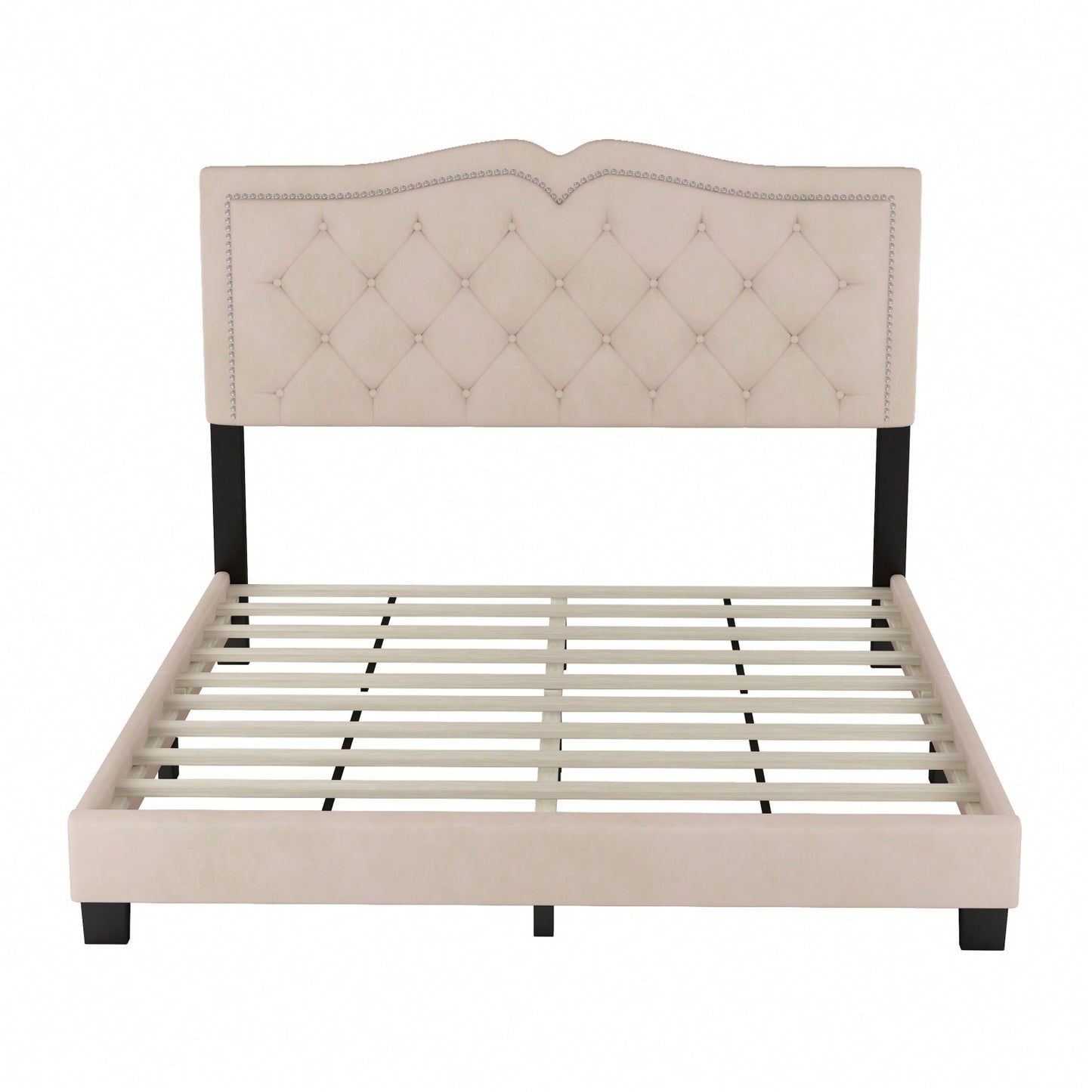 Beige Velvet Tufted Queen Platform Bed Frame with Rivet Accents and Wood Slat Support Easy Assembly No Box Spring Required