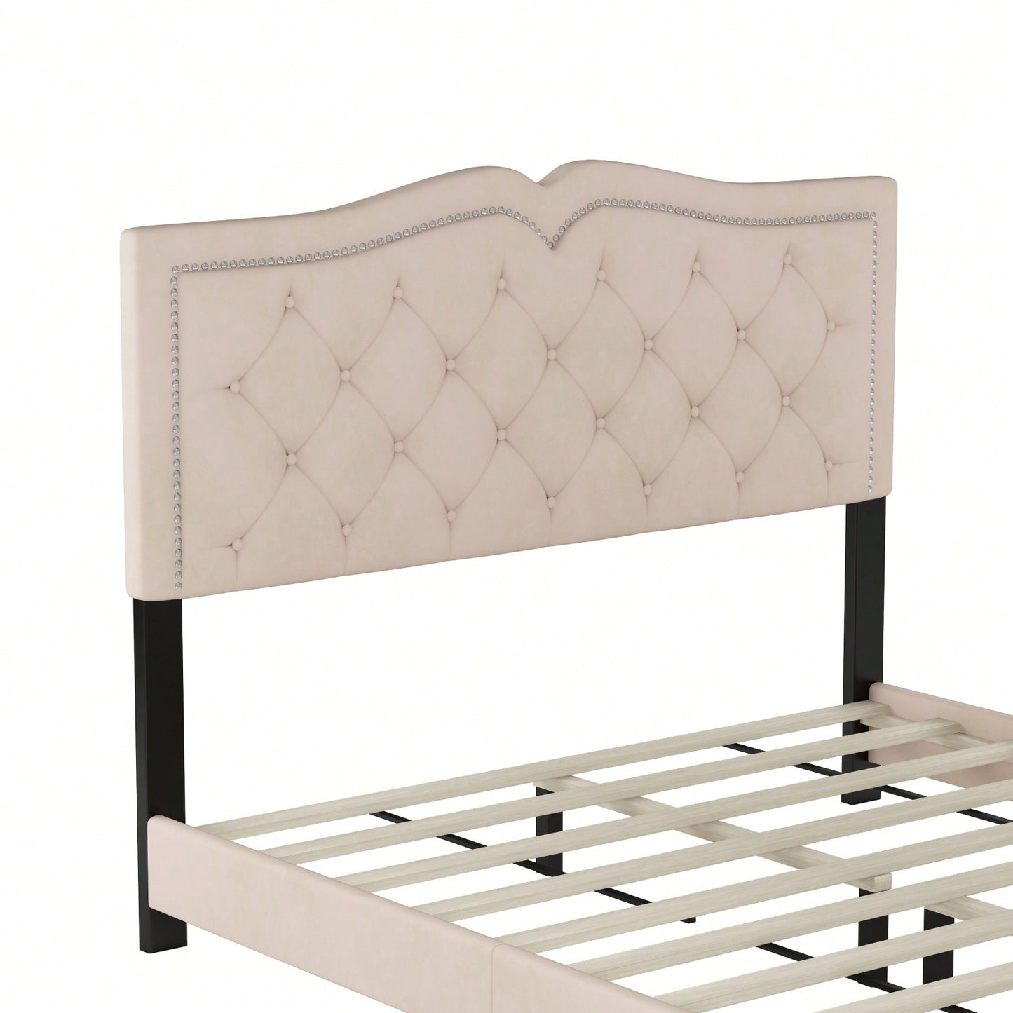 Beige Velvet Tufted Queen Platform Bed Frame with Rivet Accents and Wood Slat Support Easy Assembly No Box Spring Required
