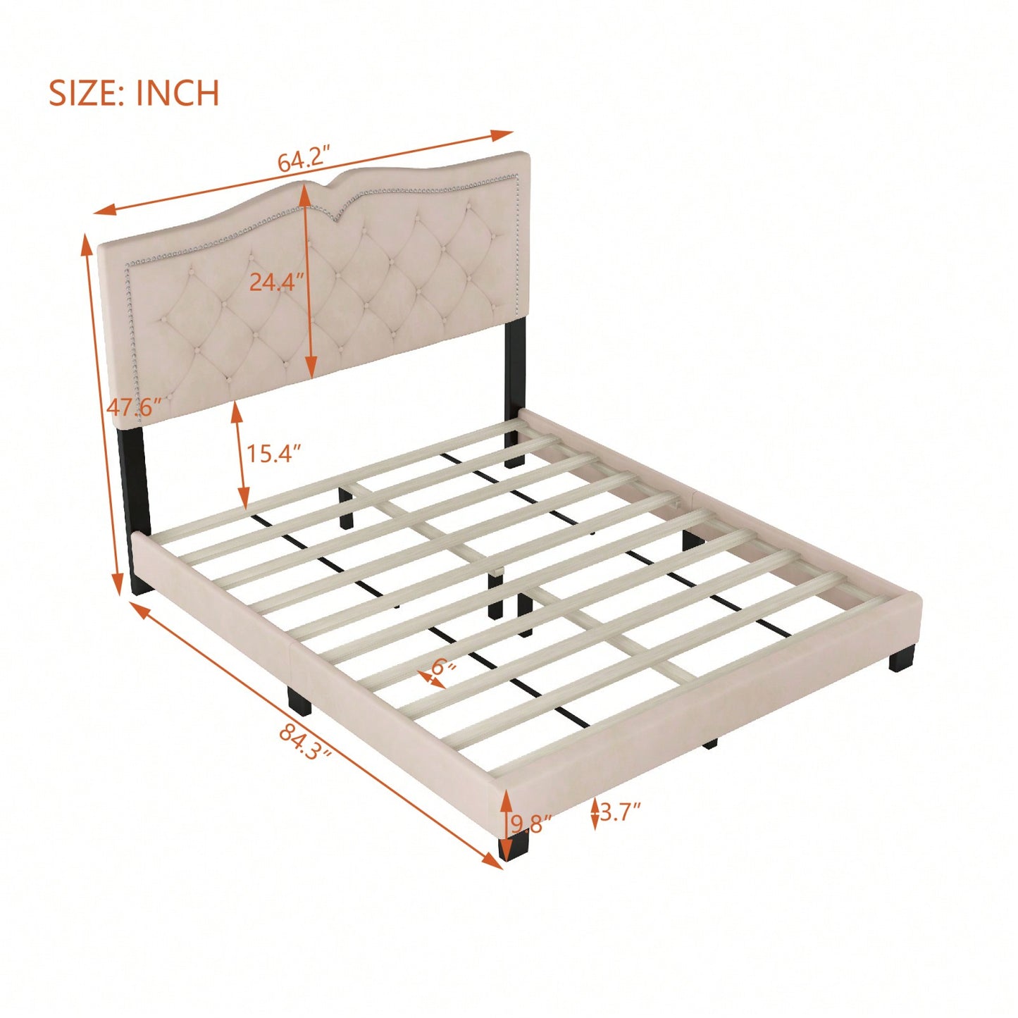 Beige Velvet Tufted Queen Platform Bed Frame with Rivet Accents and Wood Slat Support Easy Assembly No Box Spring Required
