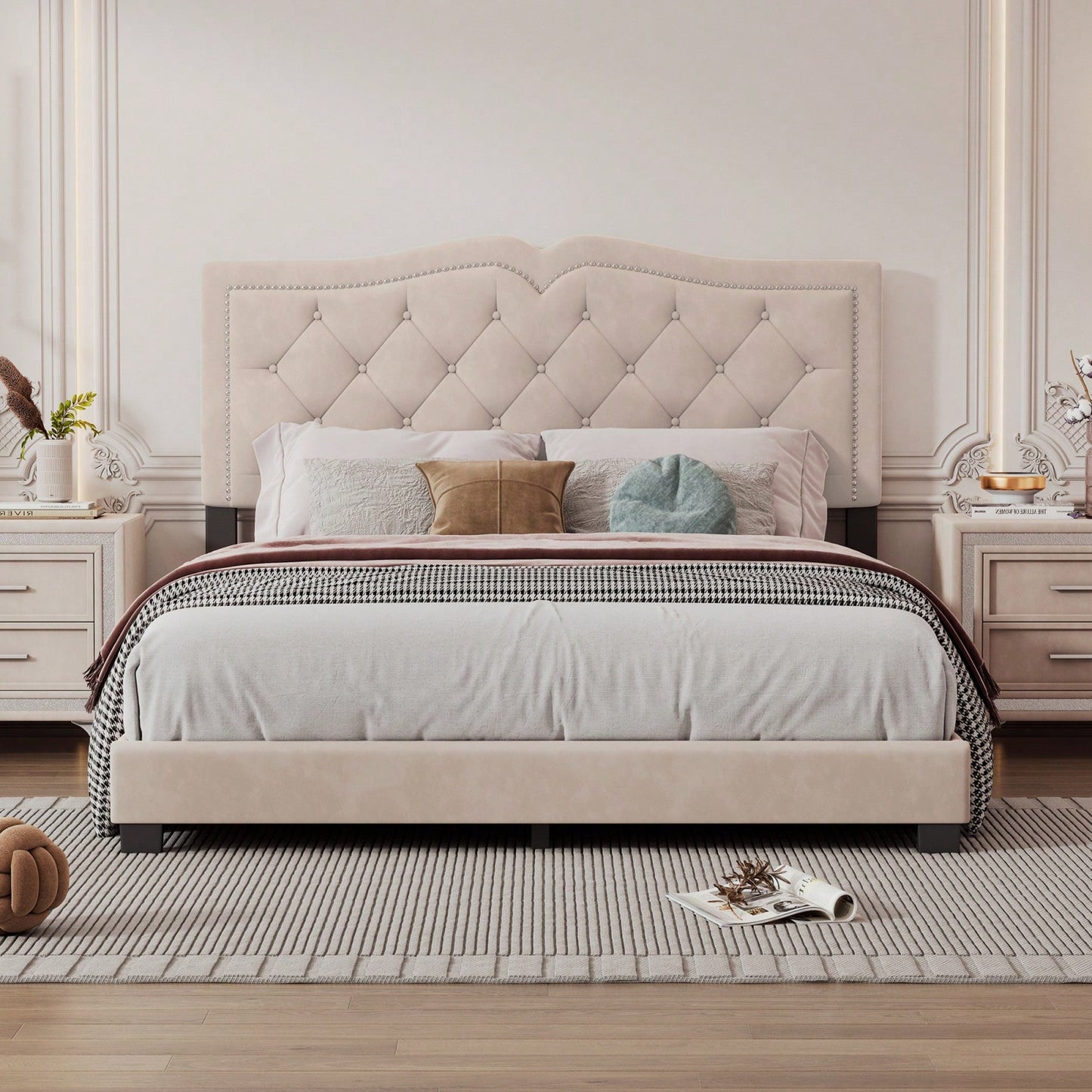 Beige Velvet Tufted Queen Platform Bed Frame with Rivet Accents and Wood Slat Support Easy Assembly No Box Spring Required