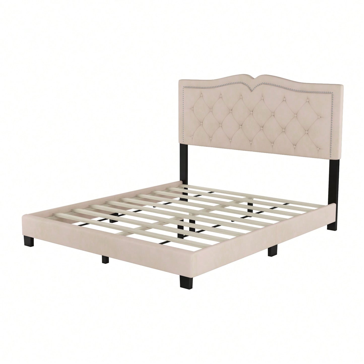 Beige Velvet Tufted Queen Platform Bed Frame with Rivet Accents and Wood Slat Support Easy Assembly No Box Spring Required
