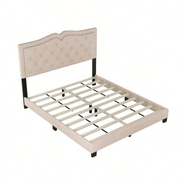 Beige Velvet Tufted Queen Platform Bed Frame with Rivet Accents and Wood Slat Support Easy Assembly No Box Spring Required