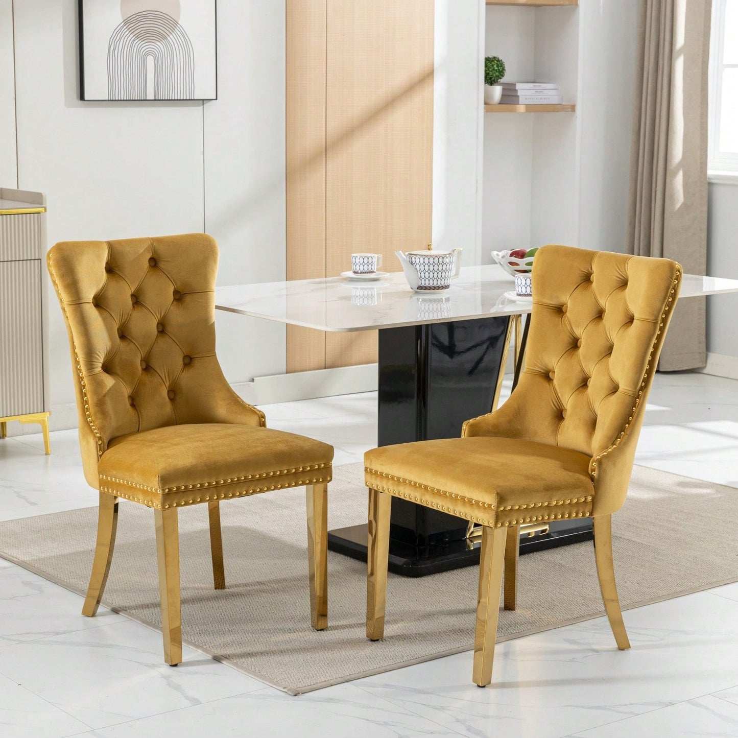 Luxury Velvet Dining Chairs Set of 2 Tufted Back Solid Wood Frame Gold Legs Nailhead Trim High Density Foam
