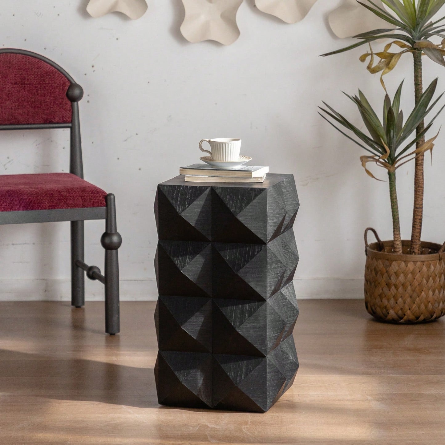 23.6" Rustic Embossed Coffee Table, 3D Pattern Design Vintage Cocktail Table, MDF Top & Solid Wood Legs, Easy Assembly, Black