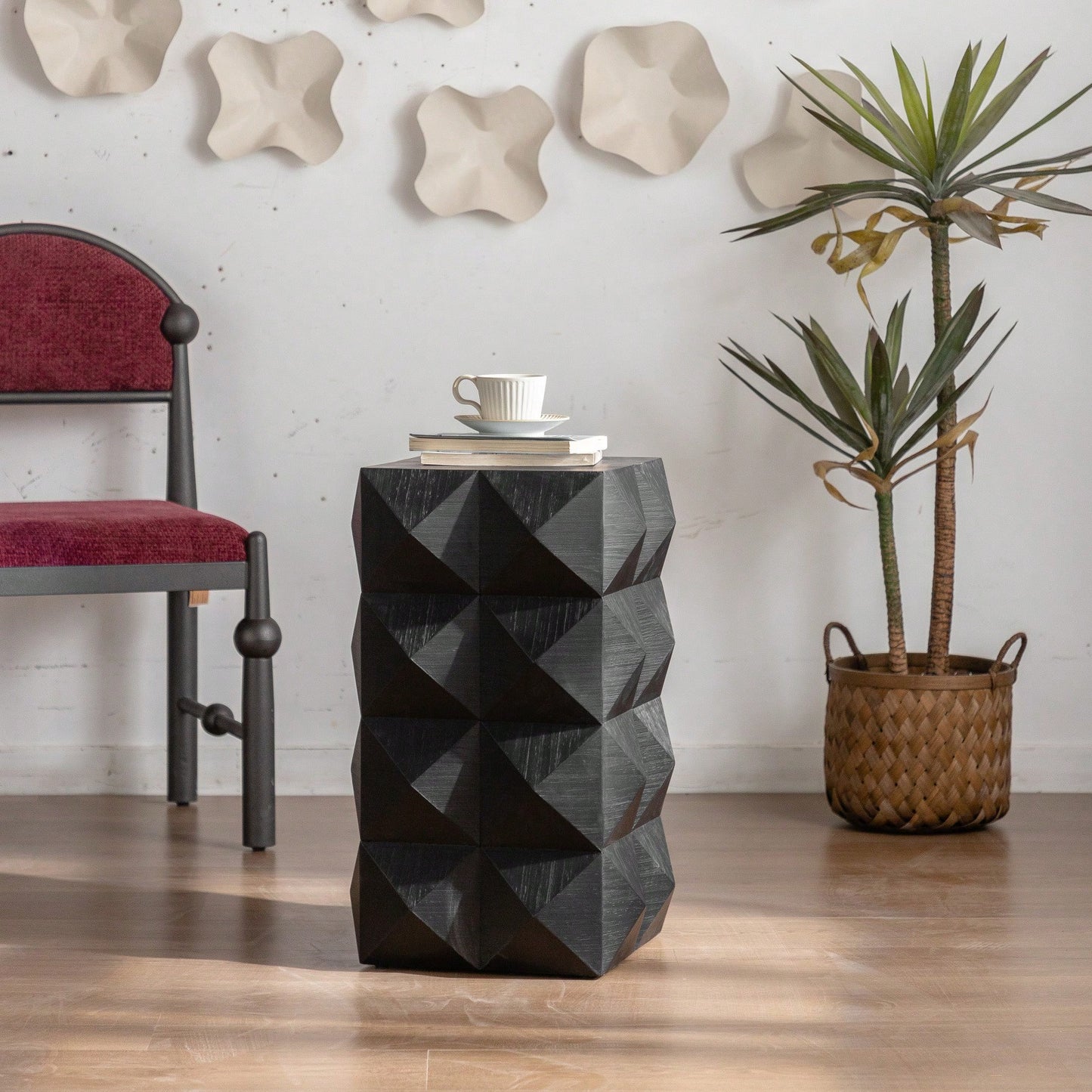 23.6" Rustic Embossed Coffee Table, 3D Pattern Design Vintage Cocktail Table, MDF Top & Solid Wood Legs, Easy Assembly, Black