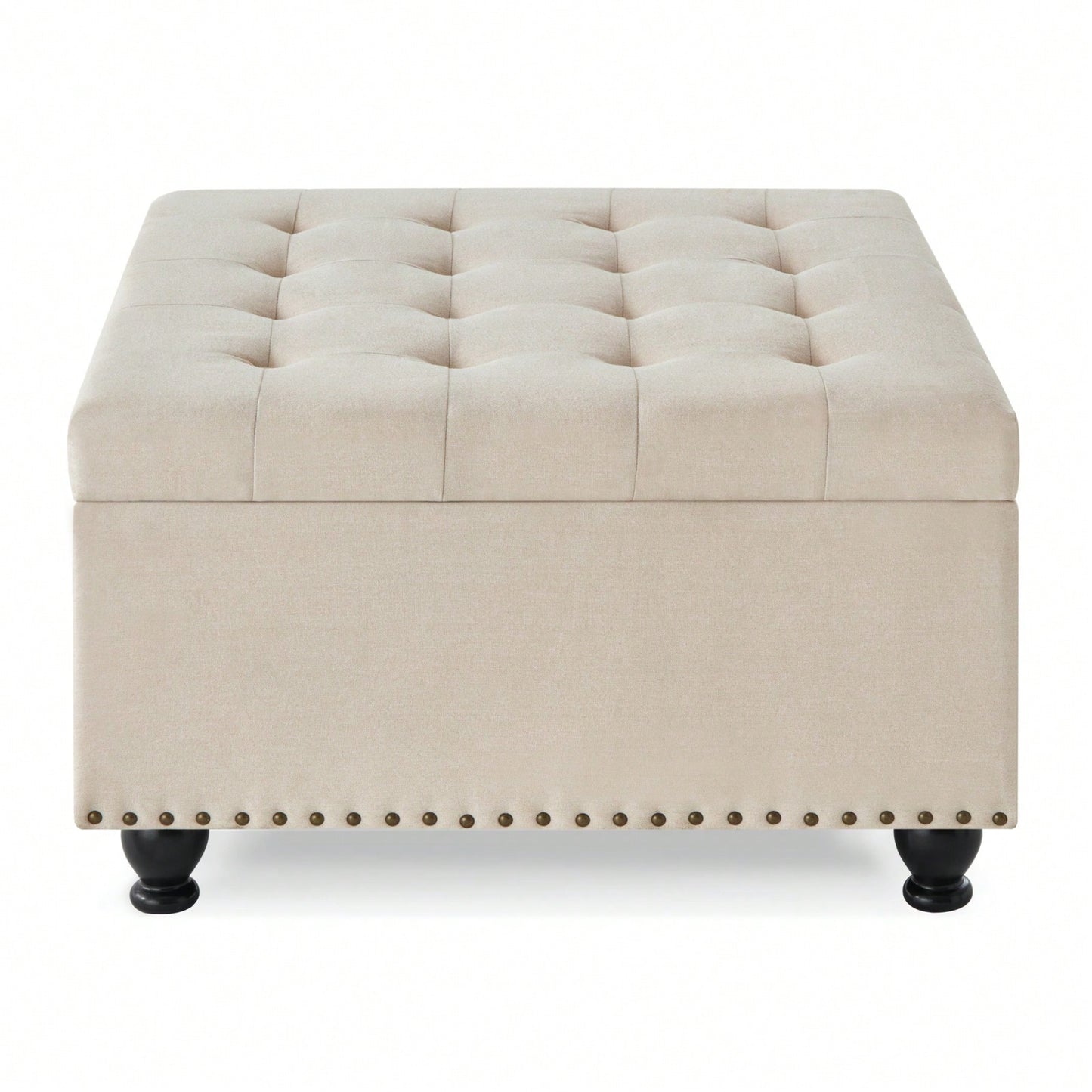 Large Storage Ottoman With Tufted Lid And Wooden Legs - Coffee Table Ottoman For Living Room, Bedroom