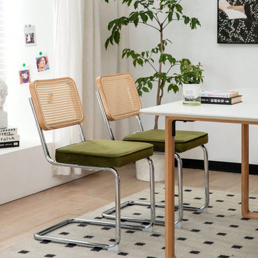 Mid Century Modern Velvet Rattan Dining Chairs Set of 2 Stackable Accent Chairs with Chrome Legs for Living Room Kitchen