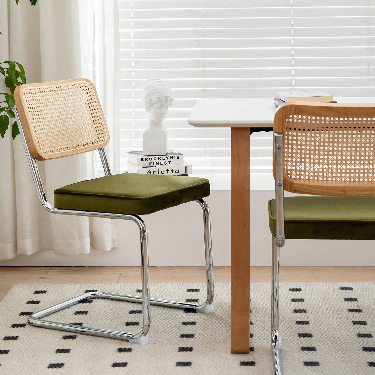 Mid Century Modern Velvet Rattan Dining Chairs Set of 2 Stackable Accent Chairs with Chrome Legs for Living Room Kitchen