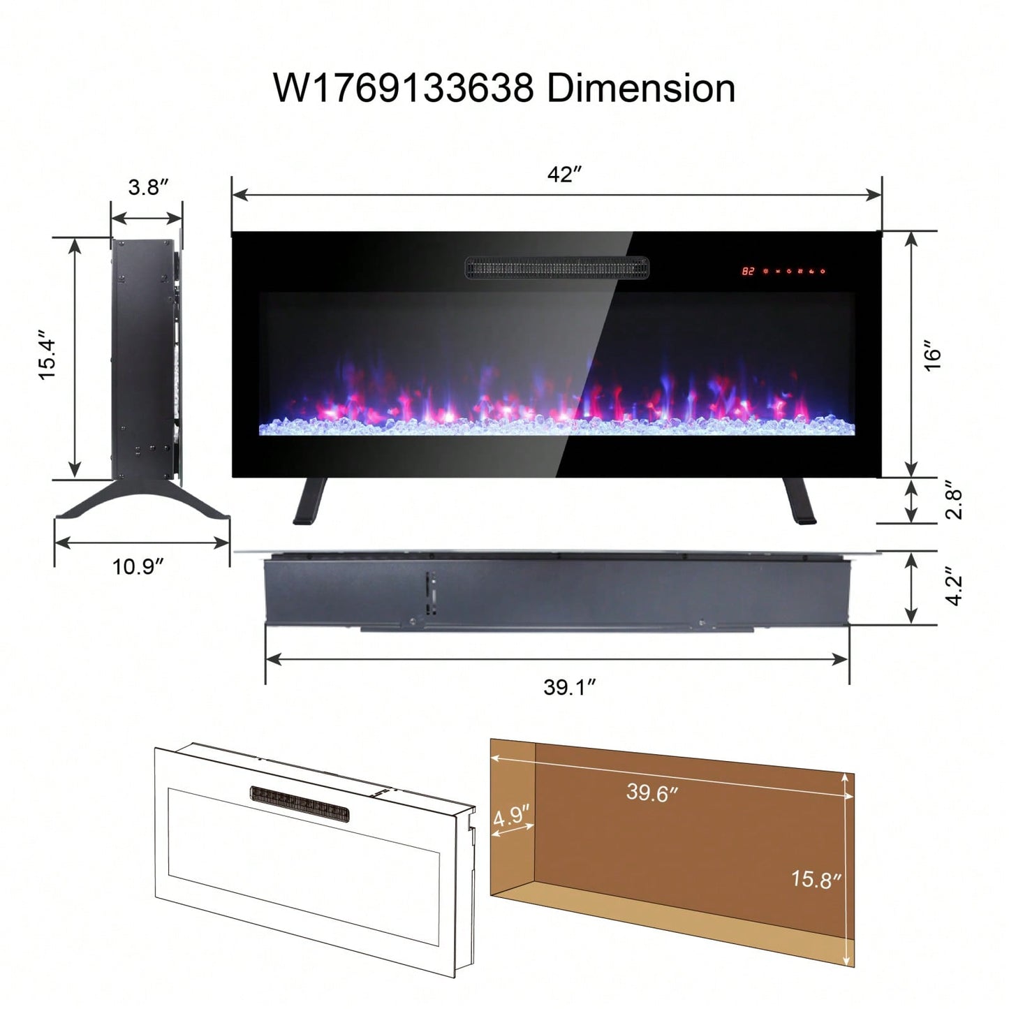 42 Inch Wall Mounted Electric Fireplace with Remote Multi-Color Flames and Ember Bed Ultra Thin Design 1400W 5000 BTU for 400 Sq Ft