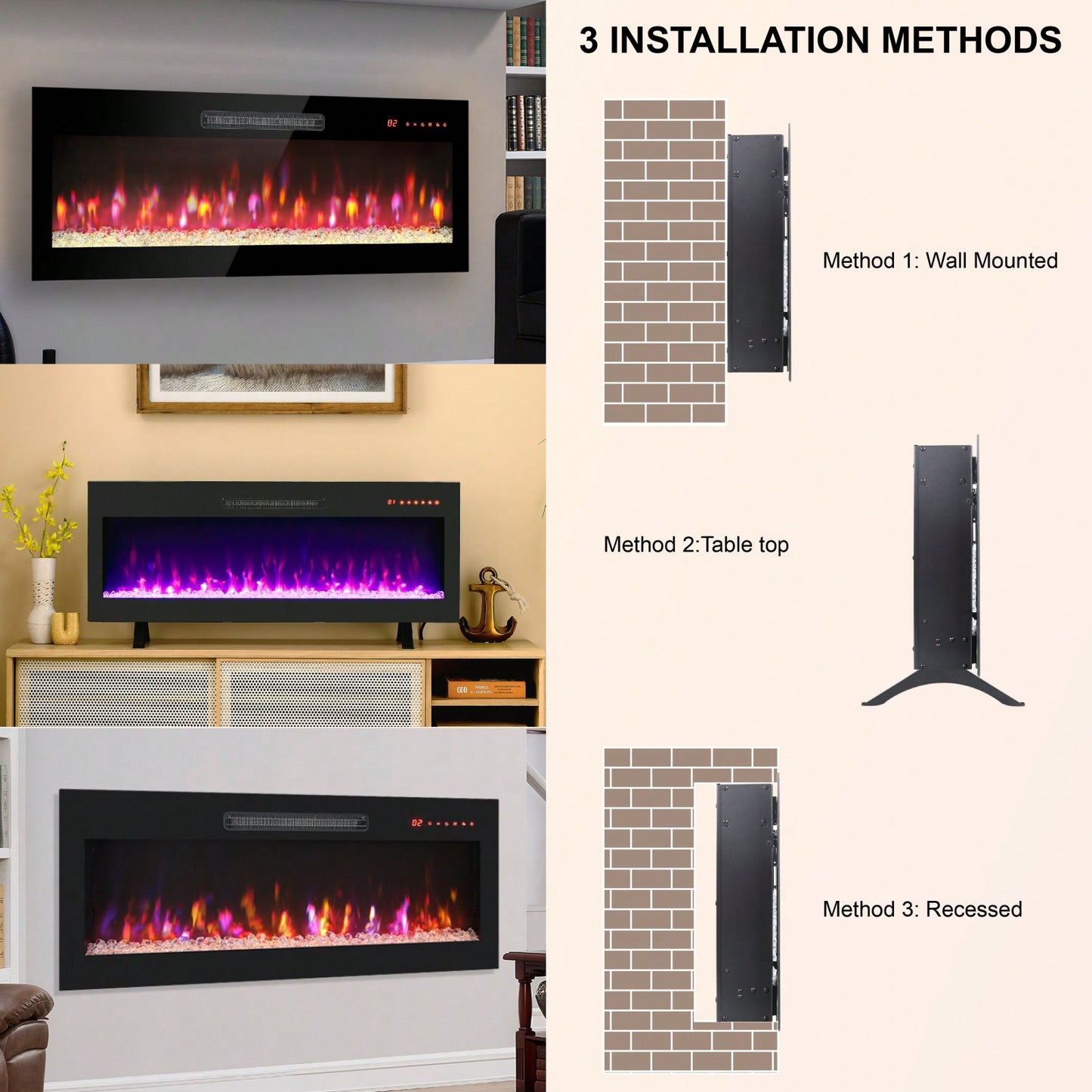 42 Inch Wall Mounted Electric Fireplace with Remote Multi-Color Flames and Ember Bed Ultra Thin Design 1400W 5000 BTU for 400 Sq Ft