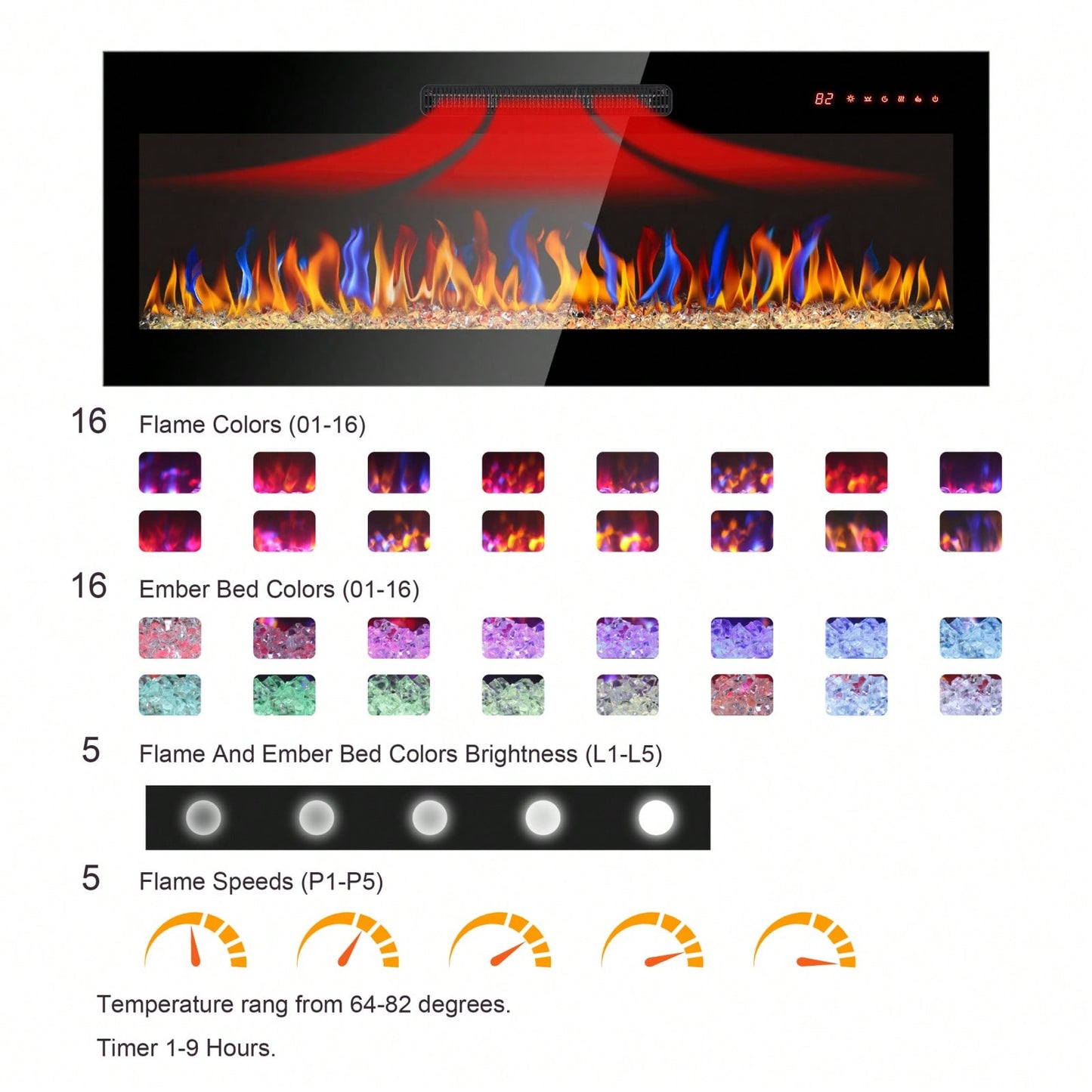 42 Inch Wall Mounted Electric Fireplace with Remote Multi-Color Flames and Ember Bed Ultra Thin Design 1400W 5000 BTU for 400 Sq Ft