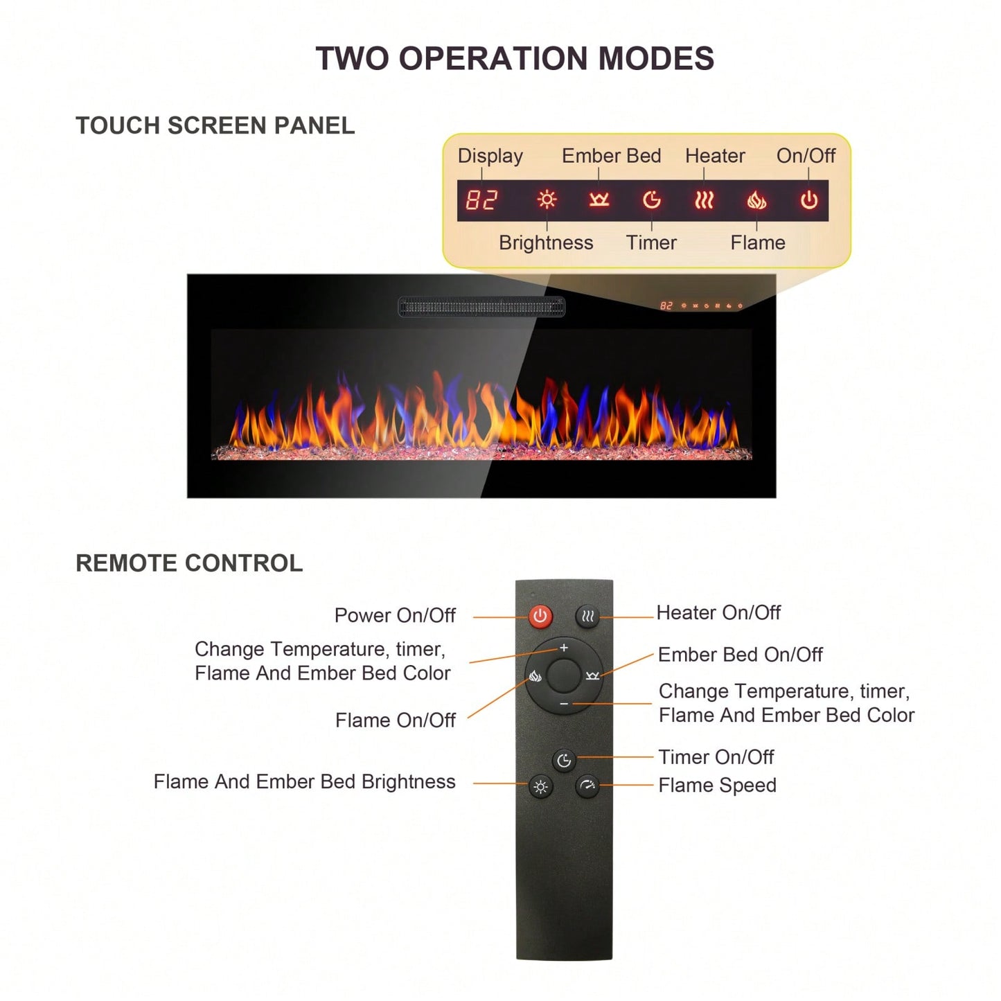 42 Inch Wall Mounted Electric Fireplace with Remote Multi-Color Flames and Ember Bed Ultra Thin Design 1400W 5000 BTU for 400 Sq Ft