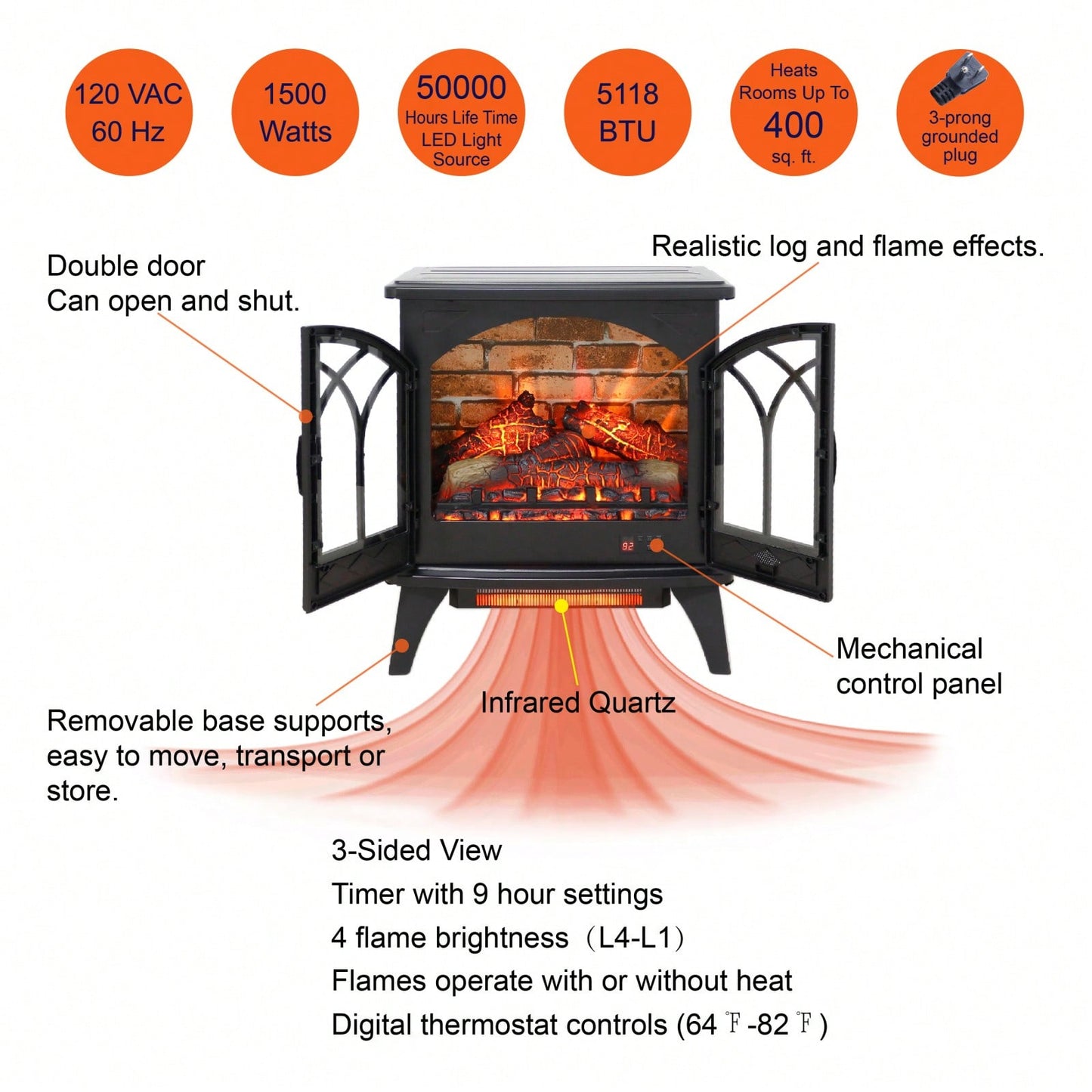 24 Inch 3D Flame Electric Infrared Quartz Fireplace Stove With Remote Control