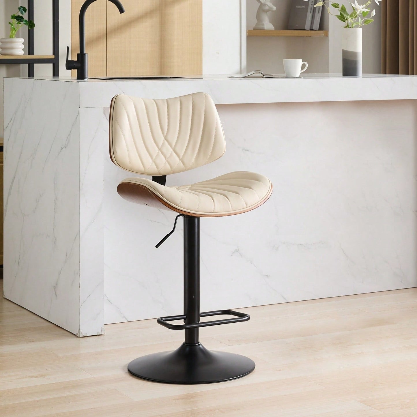 Adjustable Height Walnut Bentwood Bar Stools with Faux Leather Seat 360° Swivel Mid Century Modern Design for Kitchen Island and Dining Room