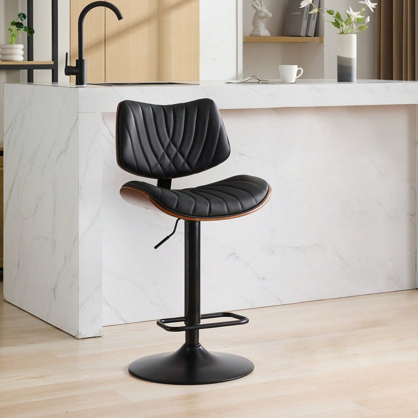 Adjustable Height Walnut Bentwood Bar Stools with Faux Leather Seat 360° Swivel Mid Century Modern Design for Kitchen Island and Dining Room