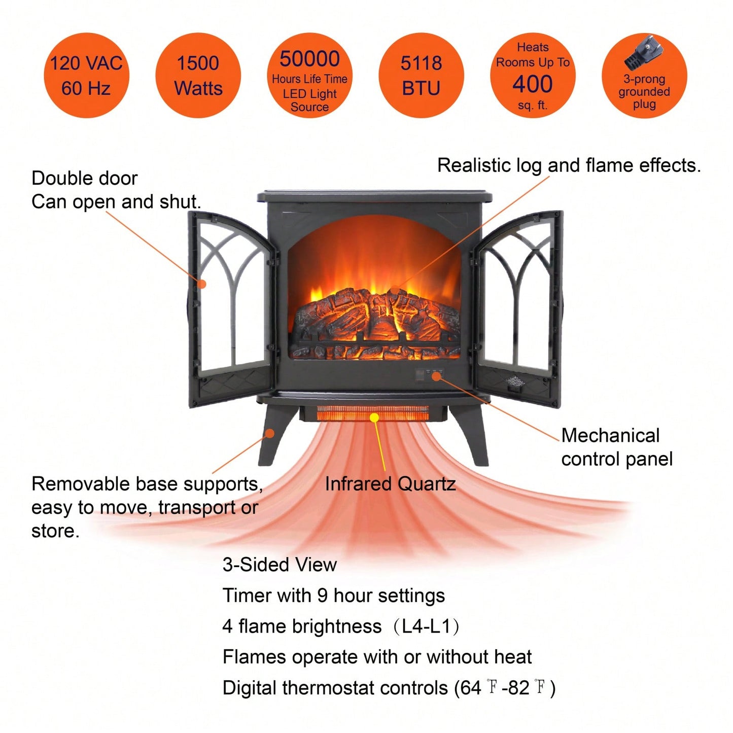 24-Inch 3D Flame Electric Infrared Quartz Fireplace Stove