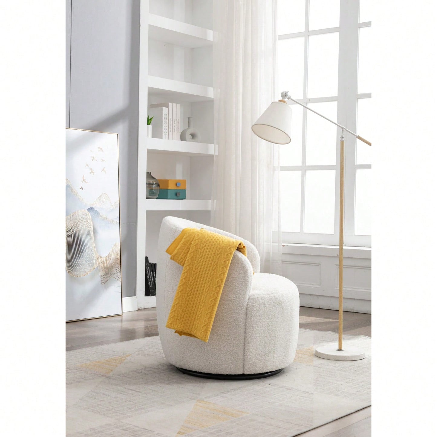 Teddy Fabric Swivel Accent Armchair Barrel Chair With Black Powder Coating Metal Ring