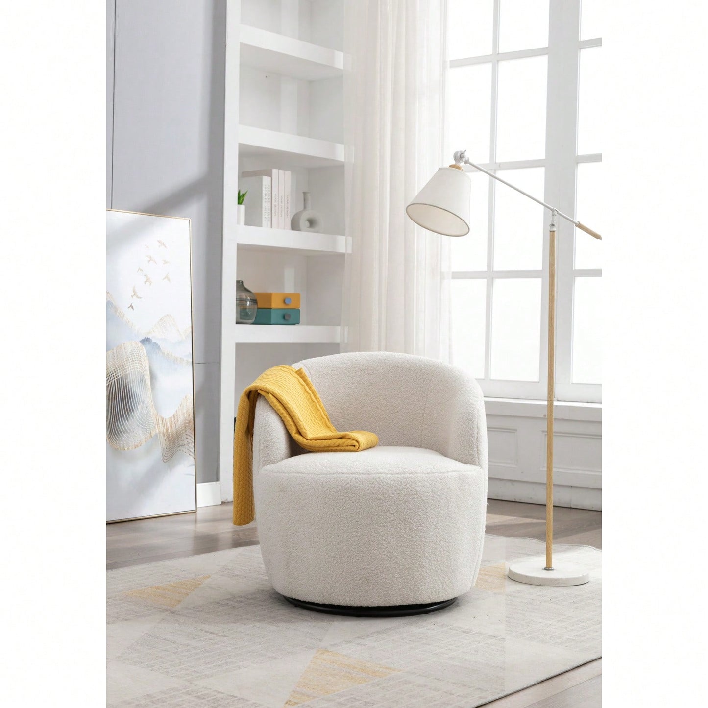 Teddy Fabric Swivel Accent Armchair Barrel Chair With Black Powder Coating Metal Ring