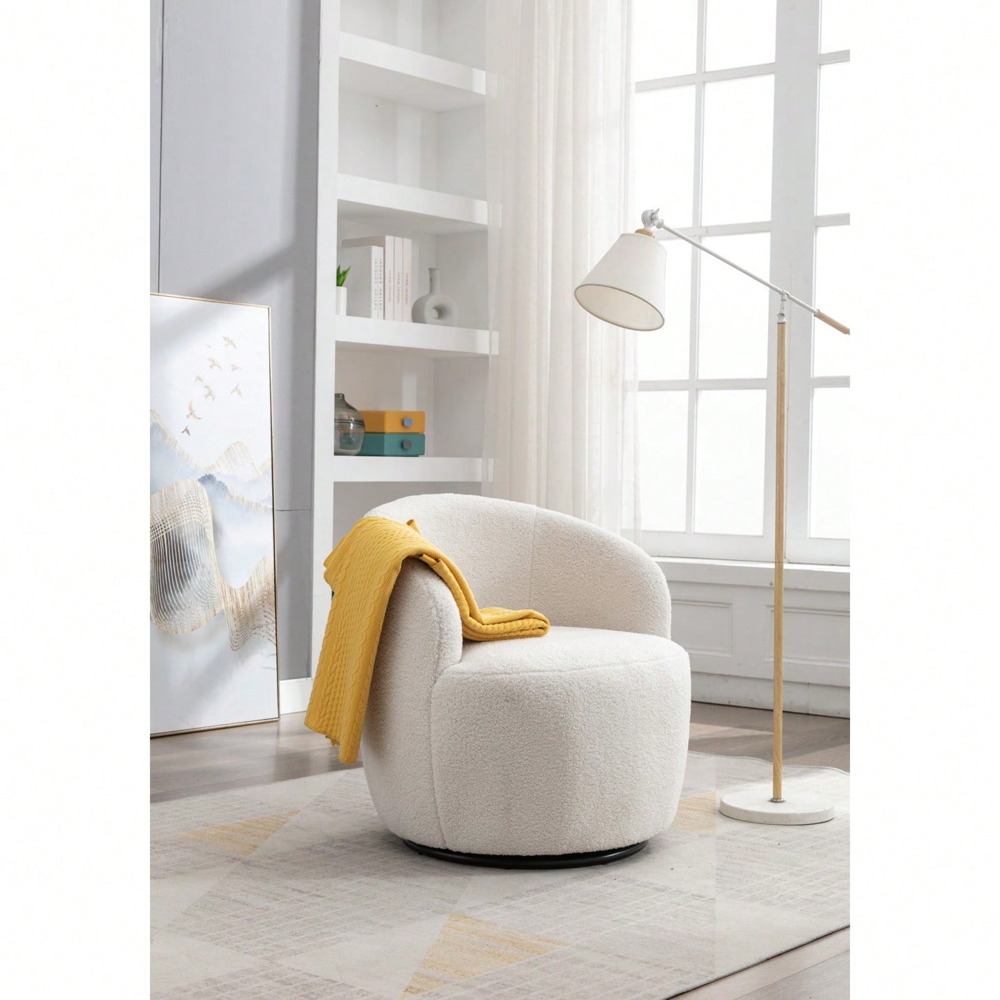 Teddy Fabric Swivel Accent Armchair Barrel Chair With Black Powder Coating Metal Ring