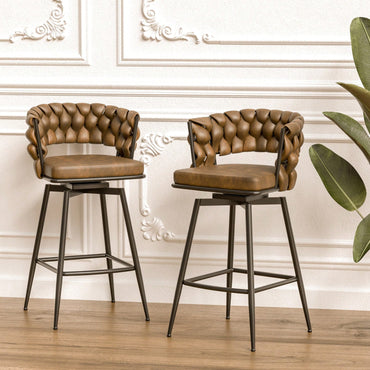 Leather Woven Bar Stools Set of 2 360° Swivel Counter Height Chairs with Backrest Footrest for Home Bar Cafe Restaurant