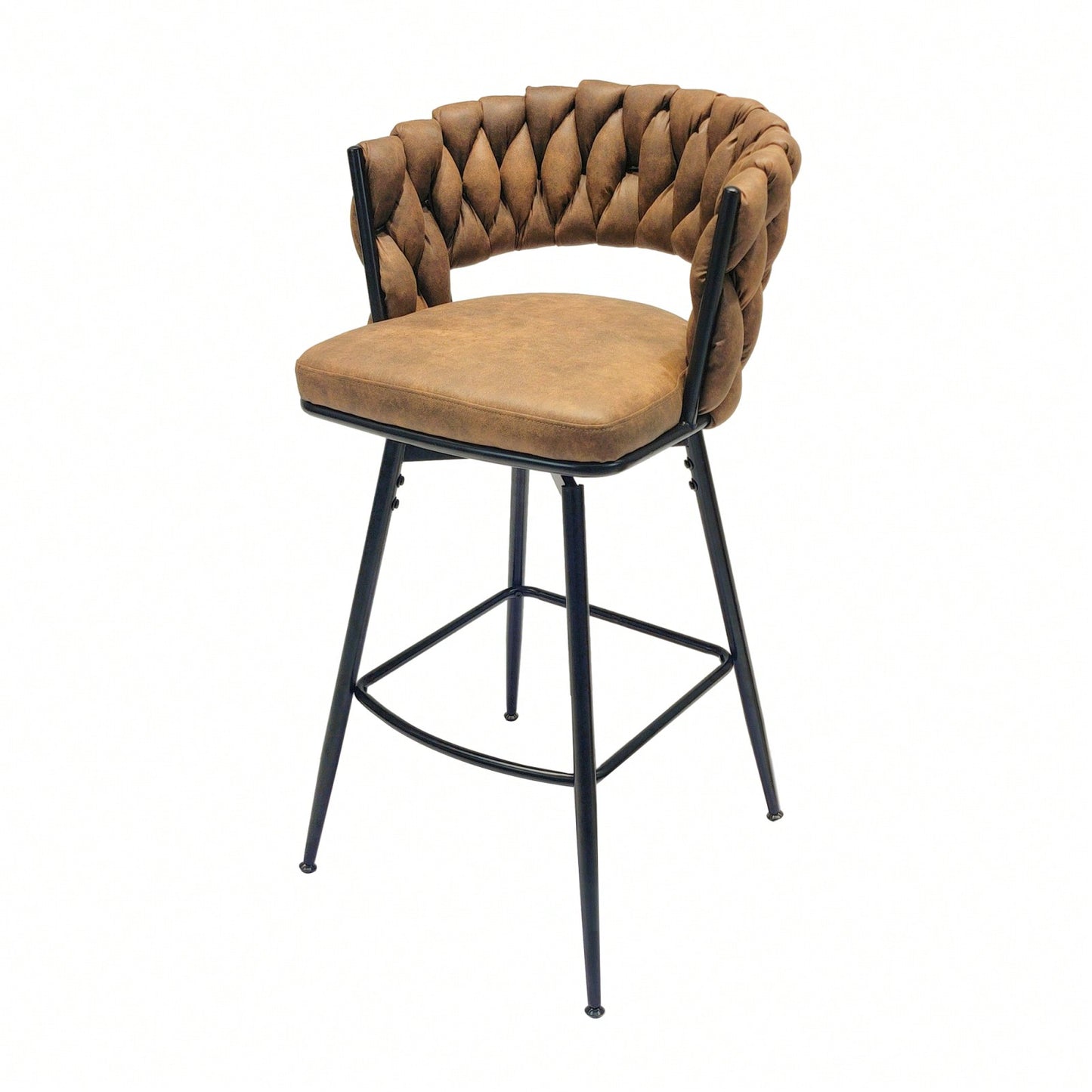 Leather Woven Bar Stools Set of 2 360° Swivel Counter Height Chairs with Backrest Footrest for Home Bar Cafe Restaurant