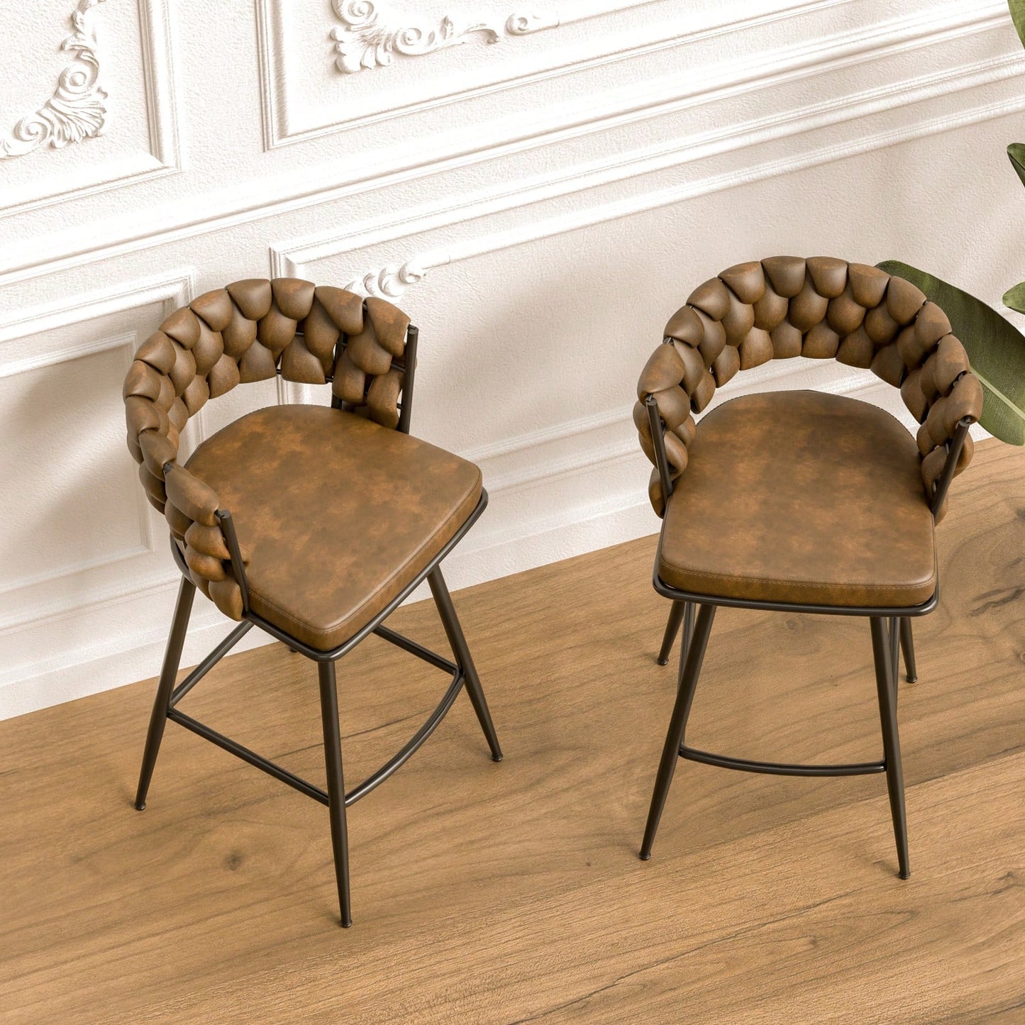 Leather Woven Bar Stools Set of 2 360° Swivel Counter Height Chairs with Backrest Footrest for Home Bar Cafe Restaurant