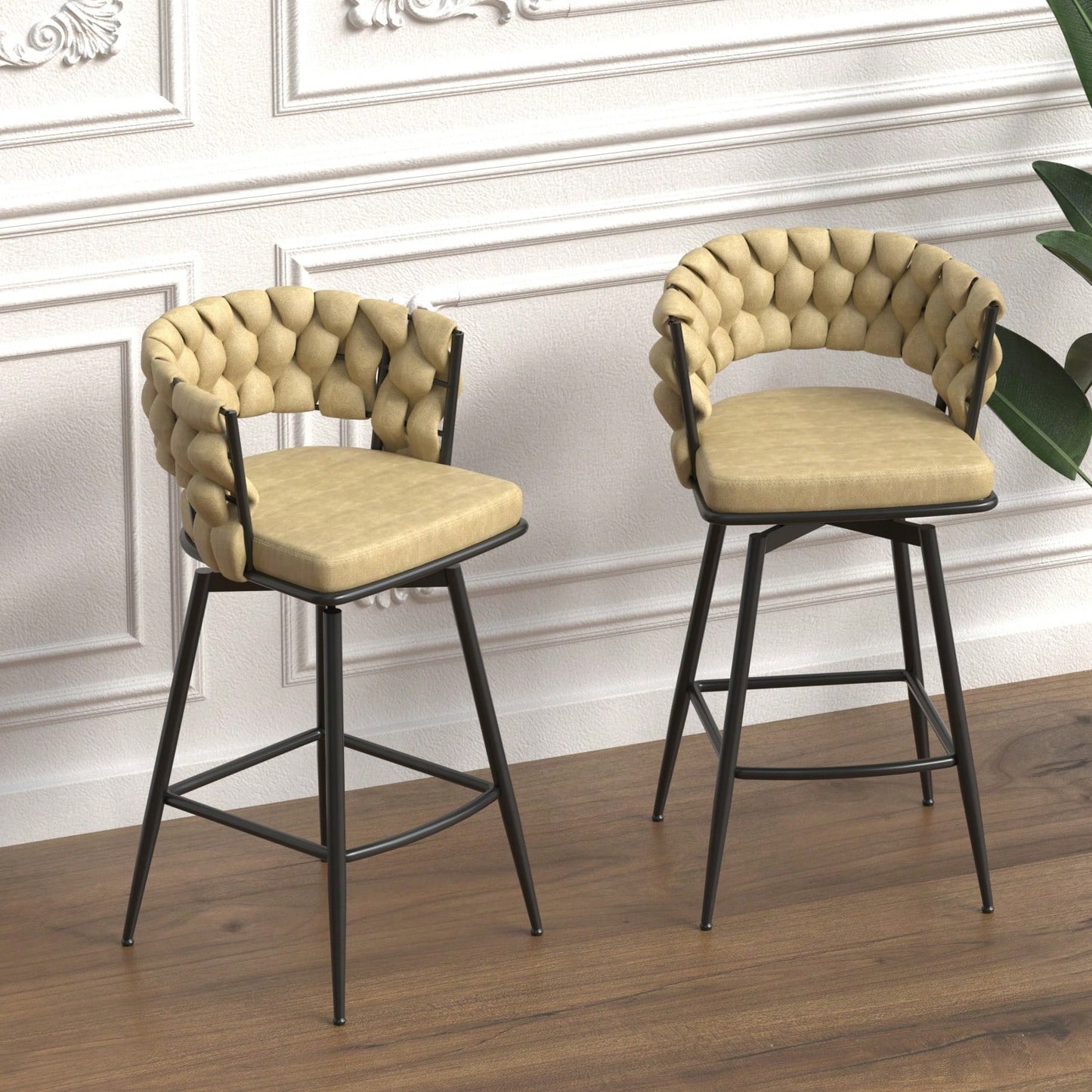 Leather Woven Bar Stools Set of 2 360° Swivel Counter Height Chairs with Backrest Footrest for Home Bar Cafe Restaurant