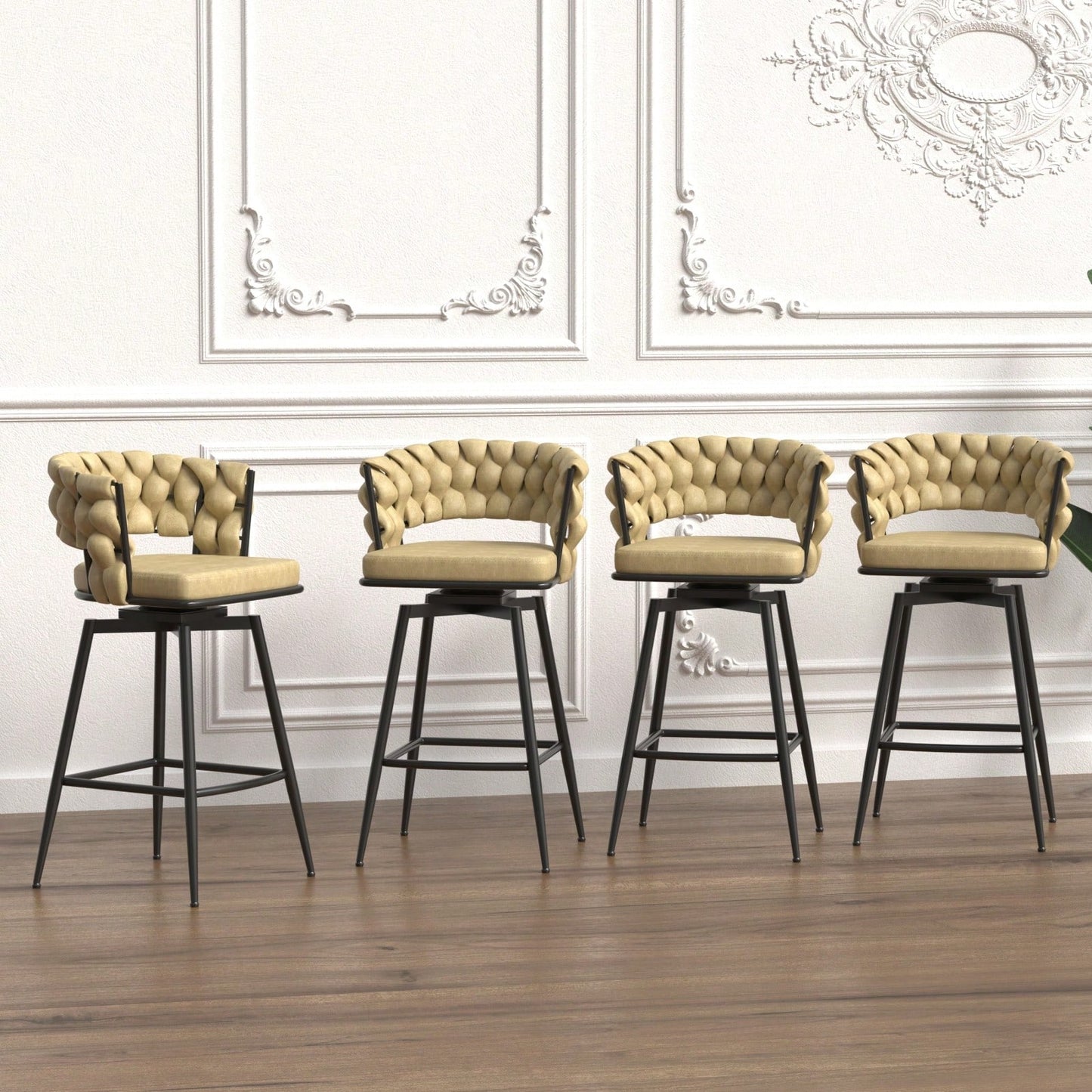 Leather Woven Bar Stools Set of 2 360° Swivel Counter Height Chairs with Backrest Footrest for Home Bar Cafe Restaurant