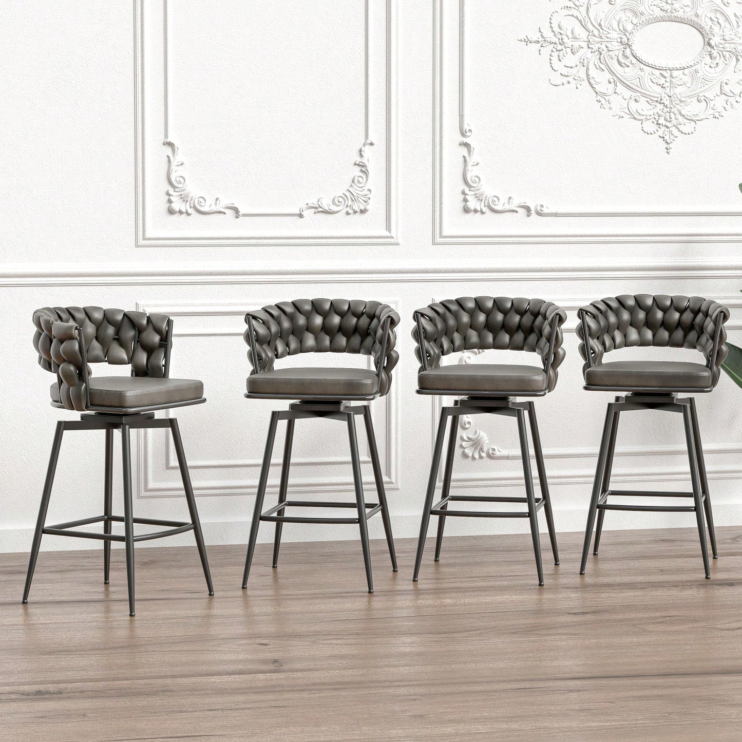Leather Woven Bar Stools Set of 2 360° Swivel Counter Height Chairs with Backrest Footrest for Home Bar Cafe Restaurant