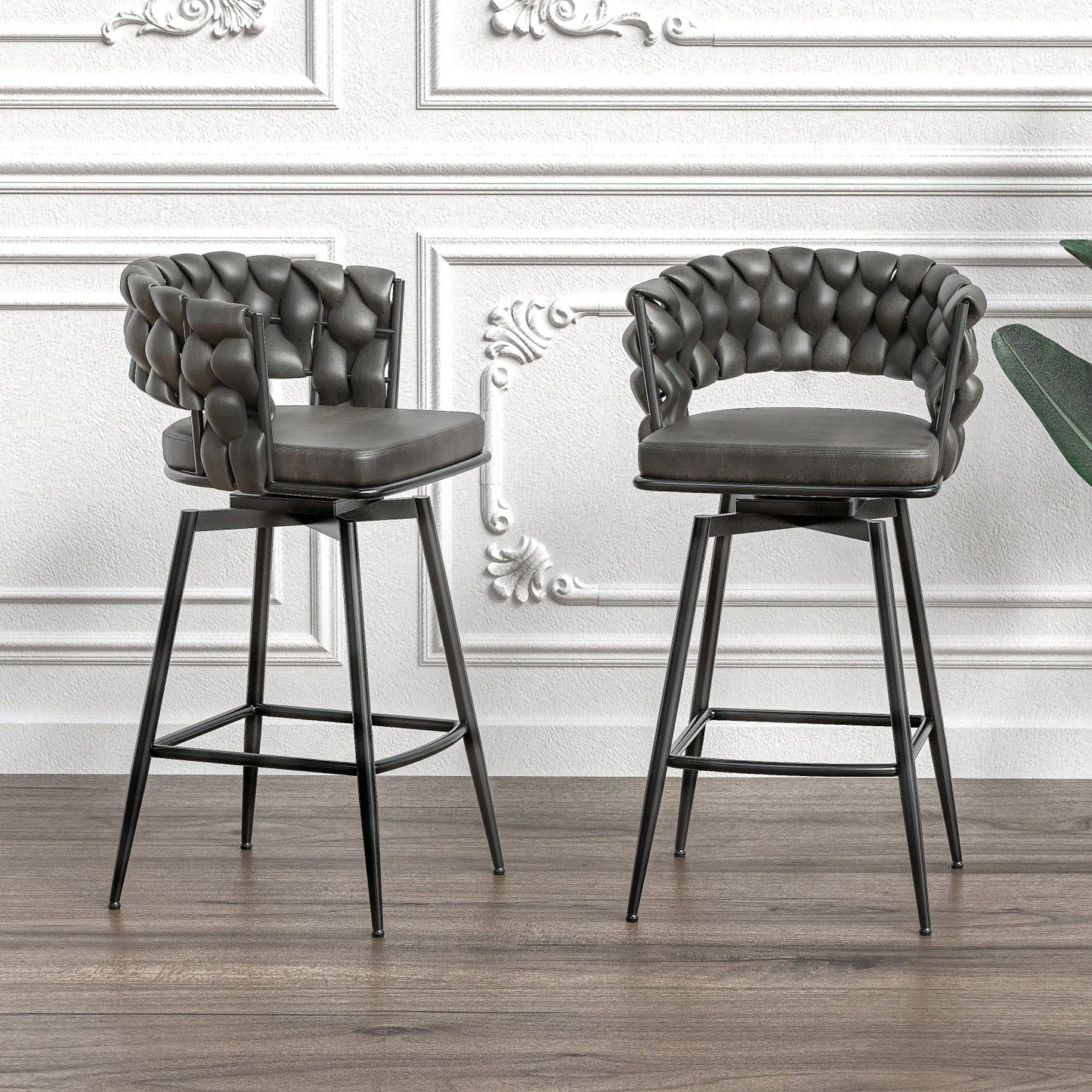 Leather Woven Bar Stools Set of 2 360° Swivel Counter Height Chairs with Backrest Footrest for Home Bar Cafe Restaurant