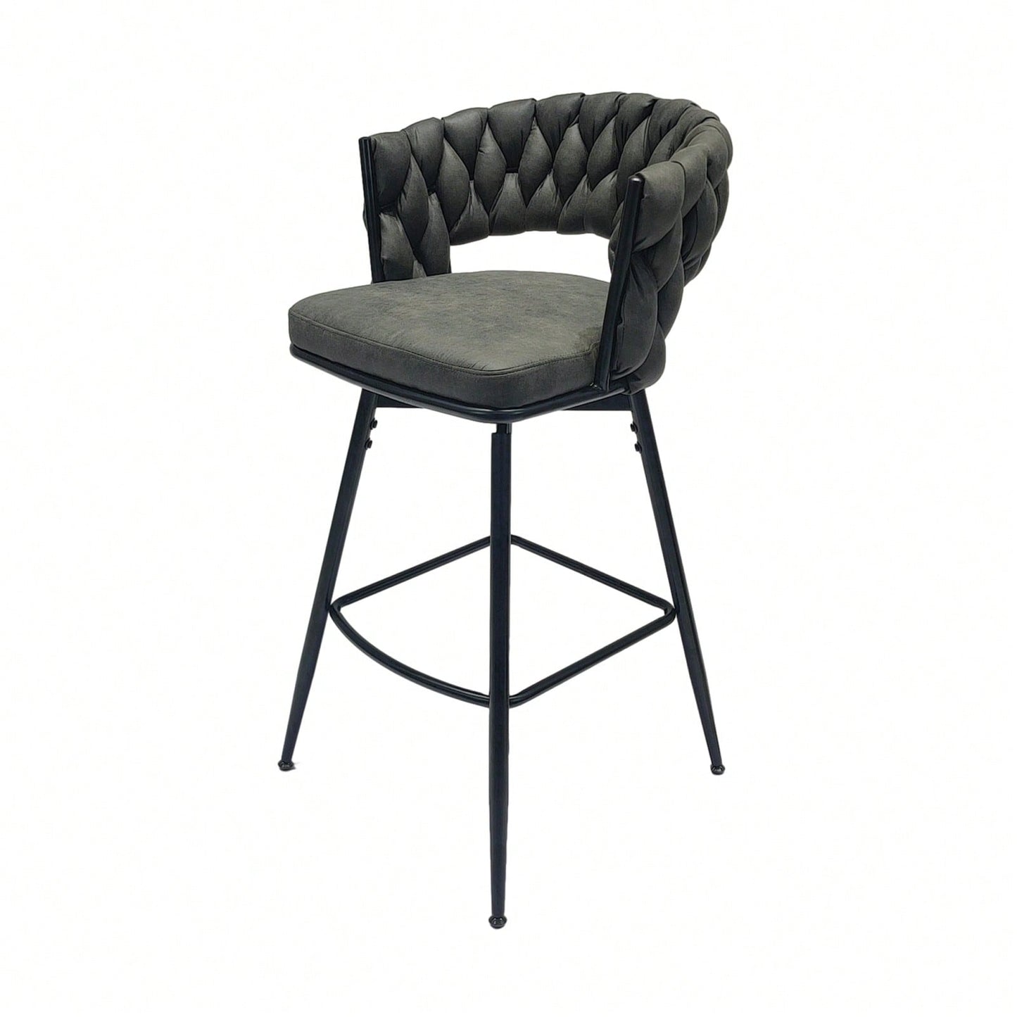 Leather Woven Bar Stools Set of 2 360° Swivel Counter Height Chairs with Backrest Footrest for Home Bar Cafe Restaurant