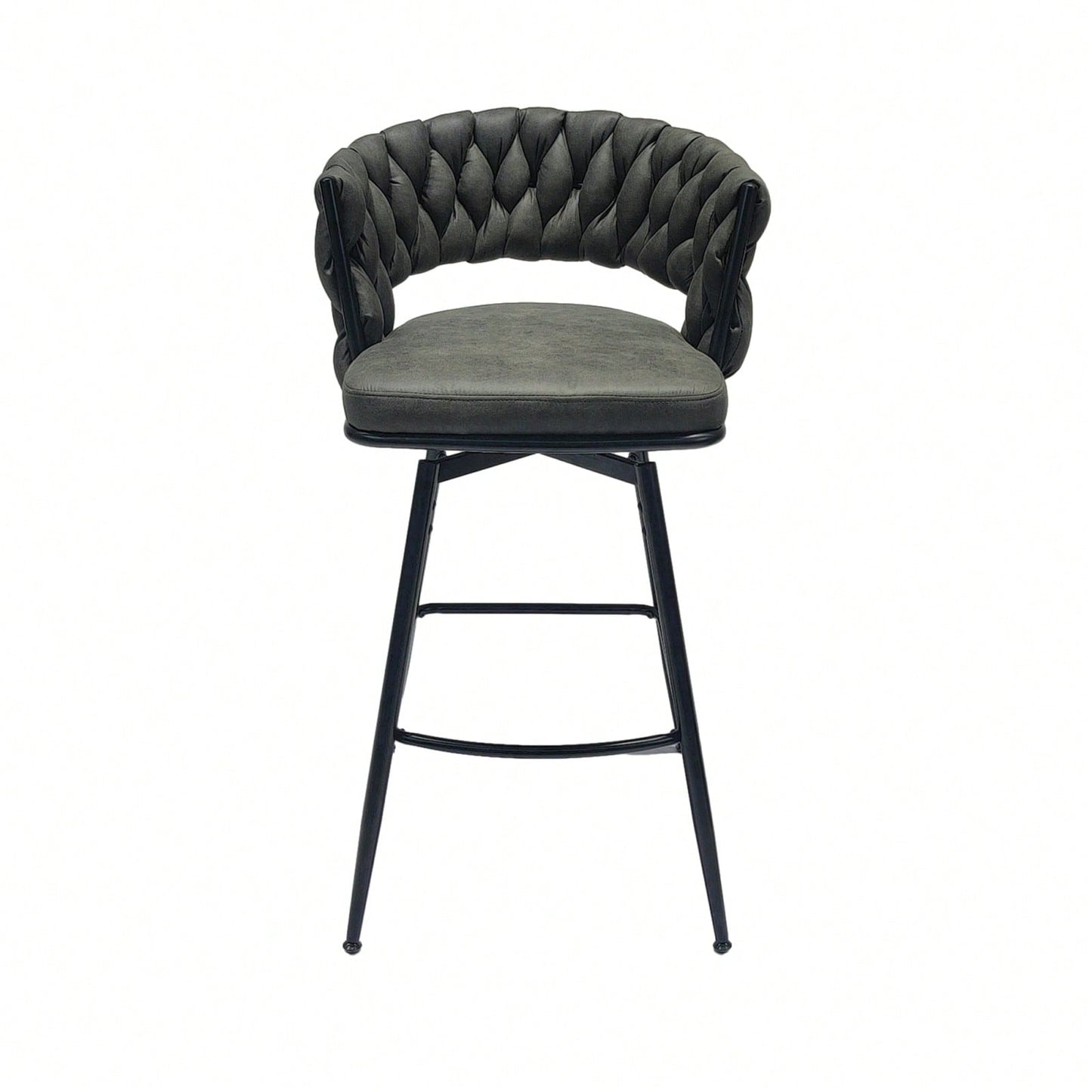 Leather Woven Bar Stools Set of 2 360° Swivel Counter Height Chairs with Backrest Footrest for Home Bar Cafe Restaurant