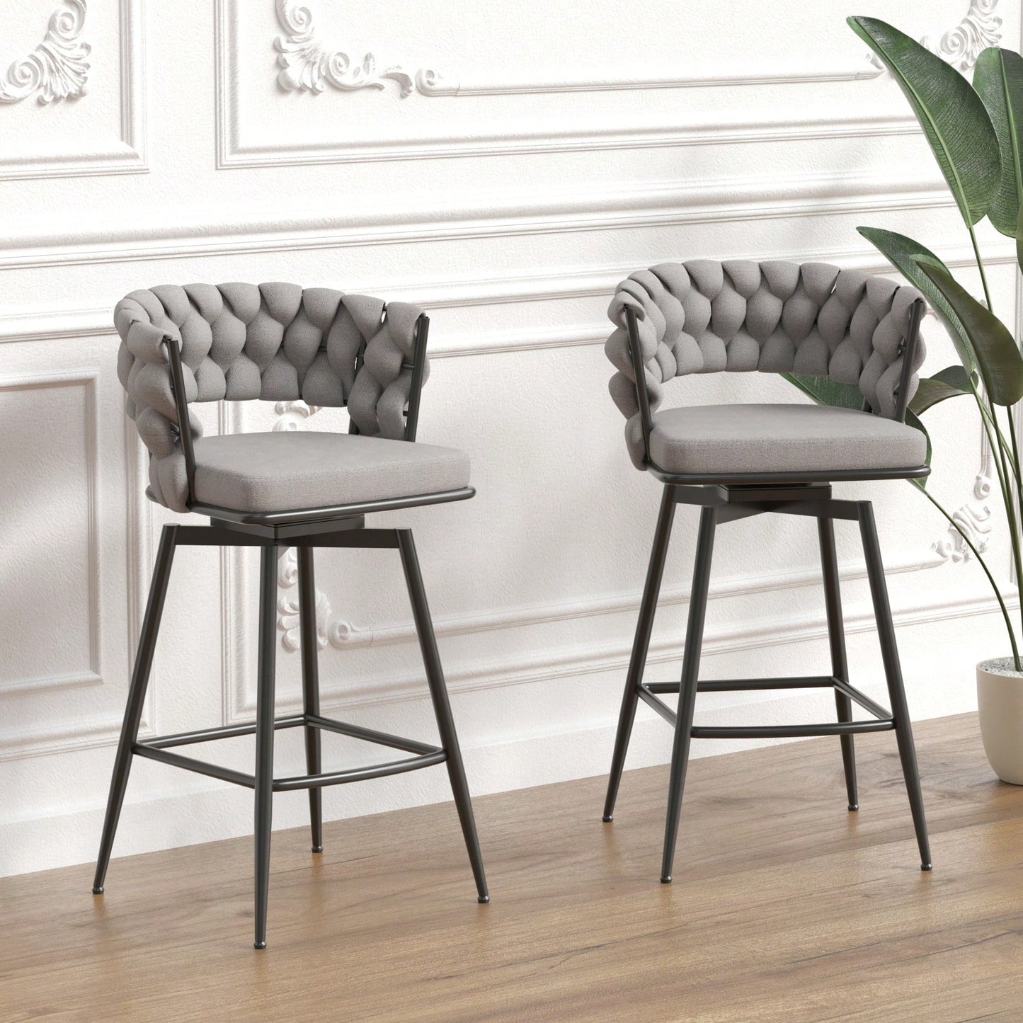 Leather Woven Bar Stools Set of 2 360° Swivel Counter Height Chairs with Backrest Footrest for Home Bar Cafe Restaurant