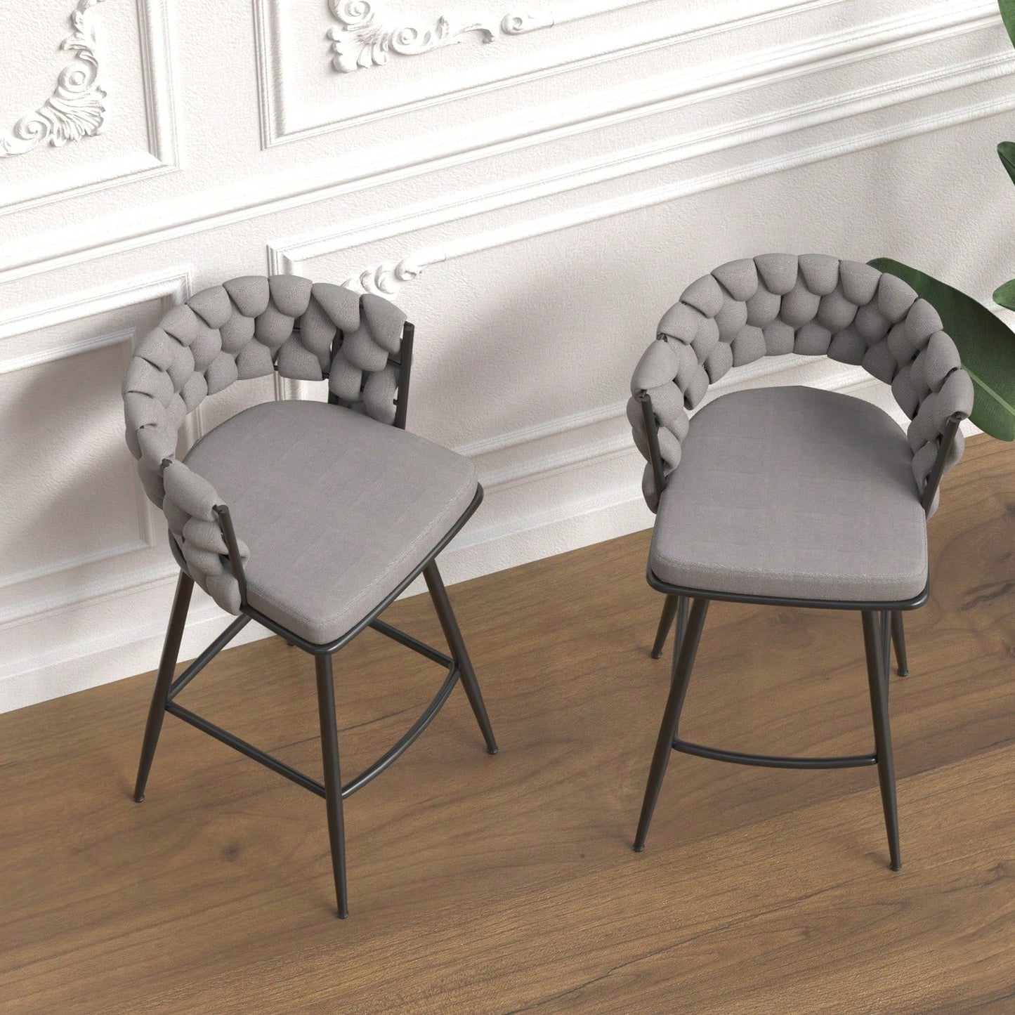 Leather Woven Bar Stools Set of 2 360° Swivel Counter Height Chairs with Backrest Footrest for Home Bar Cafe Restaurant