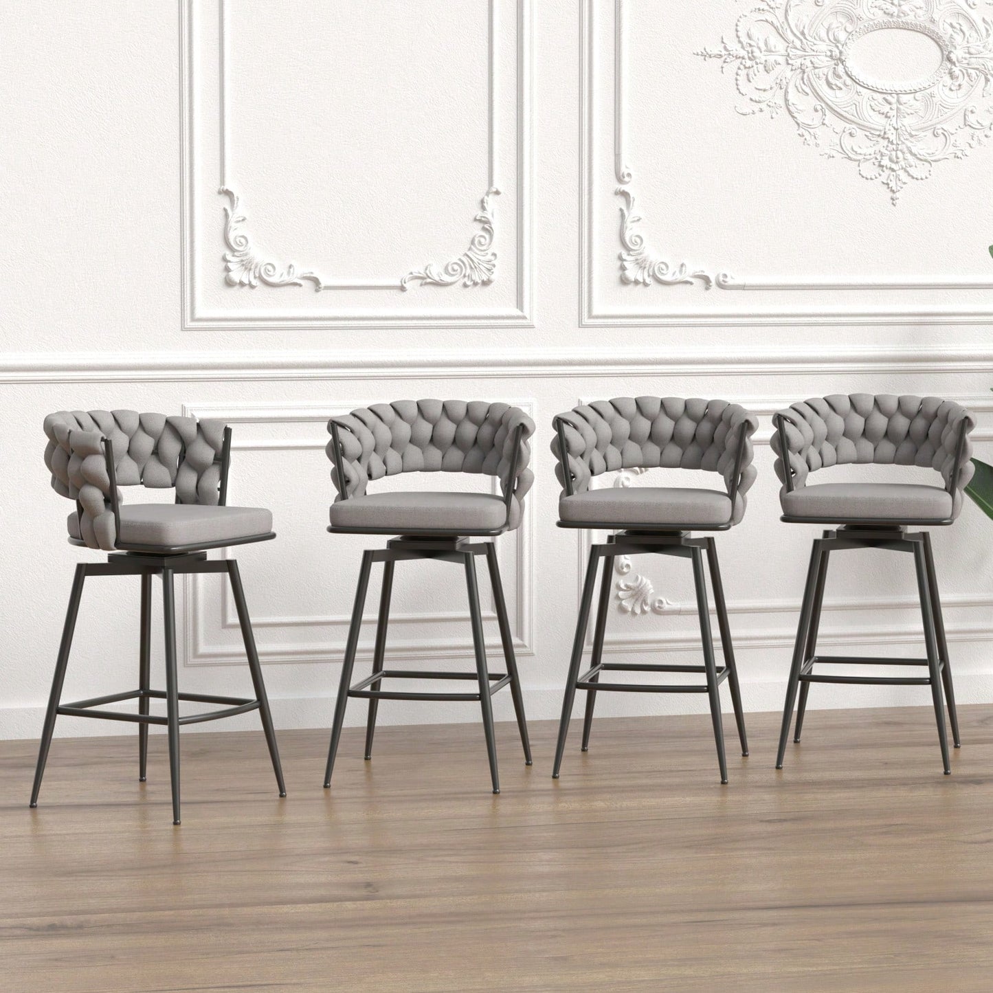 Leather Woven Bar Stools Set of 2 360° Swivel Counter Height Chairs with Backrest Footrest for Home Bar Cafe Restaurant