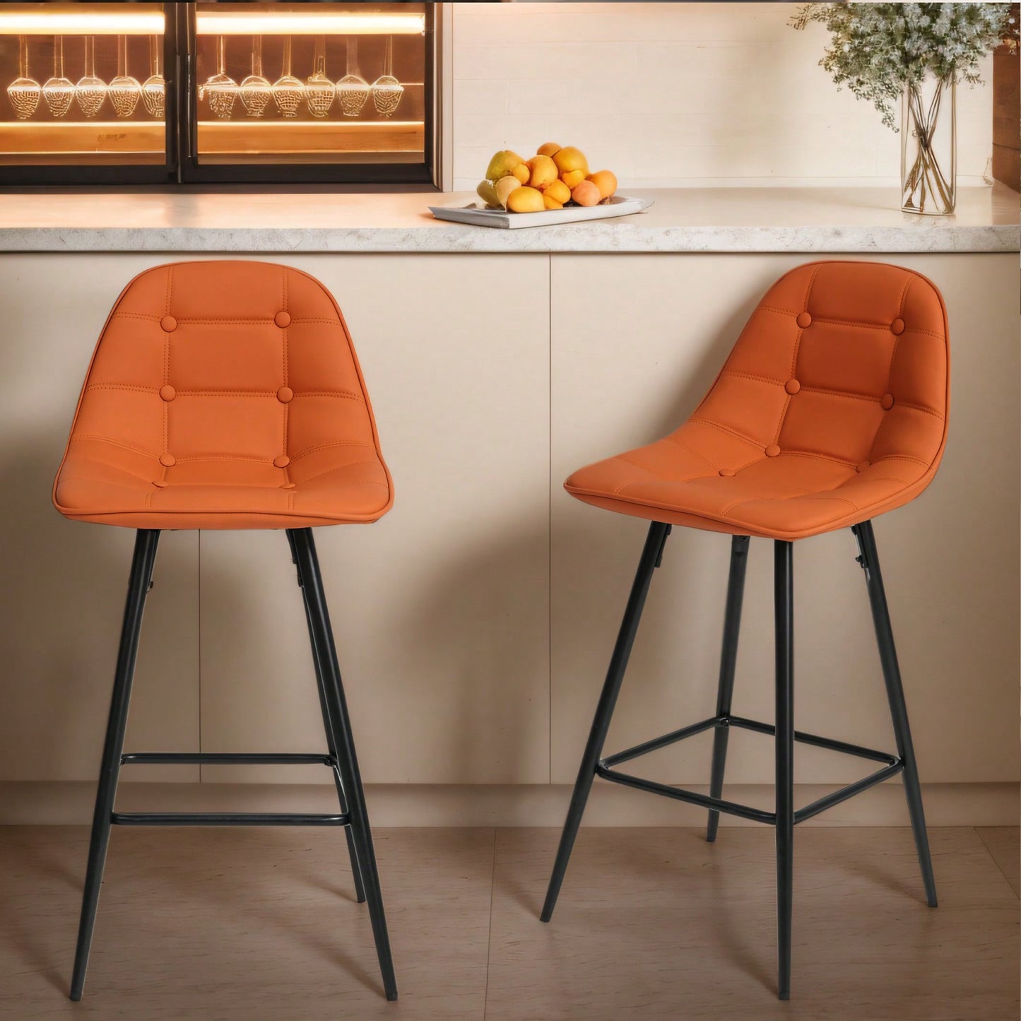 Counter Stools, Set Of 2 Bar Stools With Back And Footrest, Modern Metal Counter Height Barstools For Kitchen Home Bar