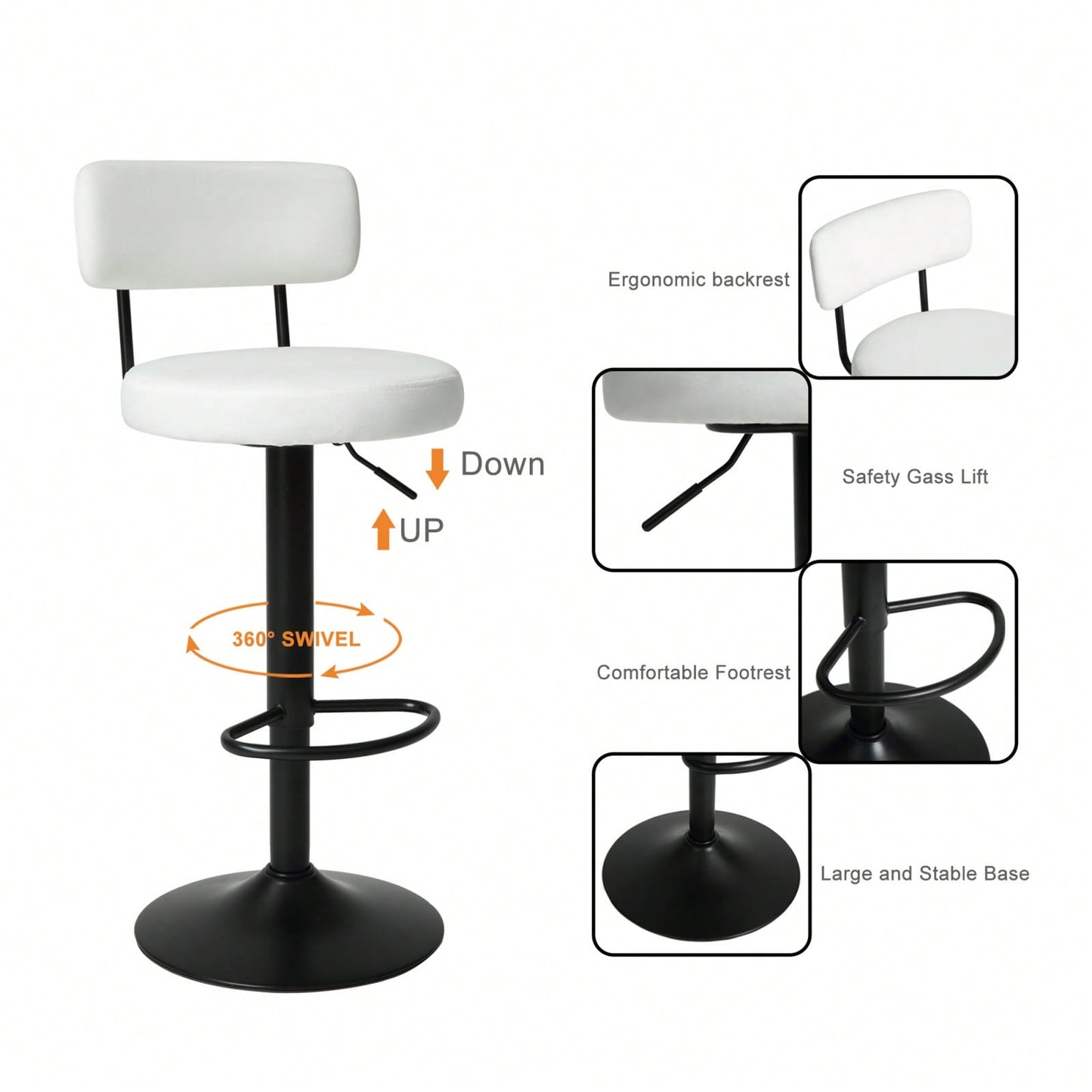 Modern Bar Stools Set Of 2, Upholstered Counter Height Bar Stools,Adjustable Bar Stool 24.5-30.5", Swivel Counter Stools For Kitchen Home