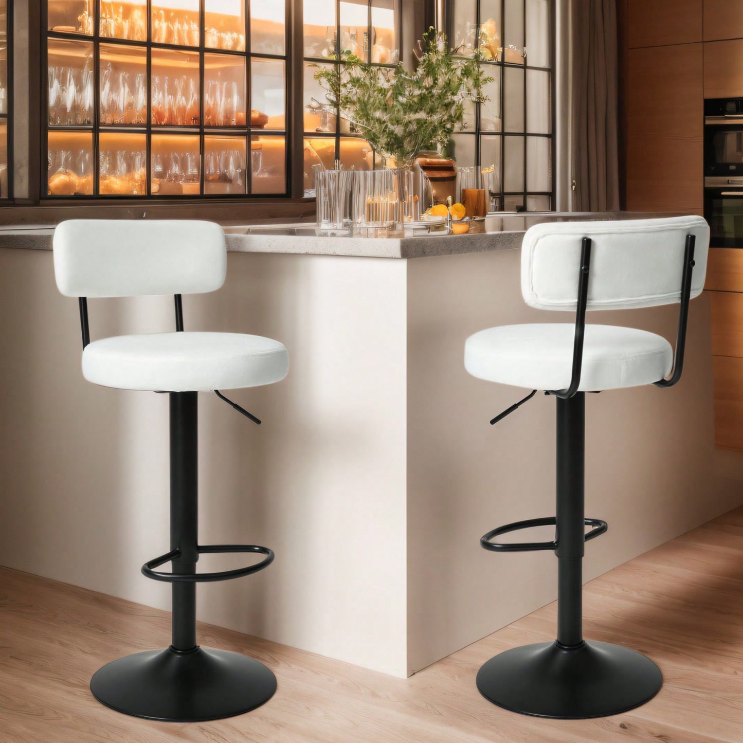 Modern Bar Stools Set Of 2, Upholstered Counter Height Bar Stools,Adjustable Bar Stool 24.5-30.5", Swivel Counter Stools For Kitchen Home